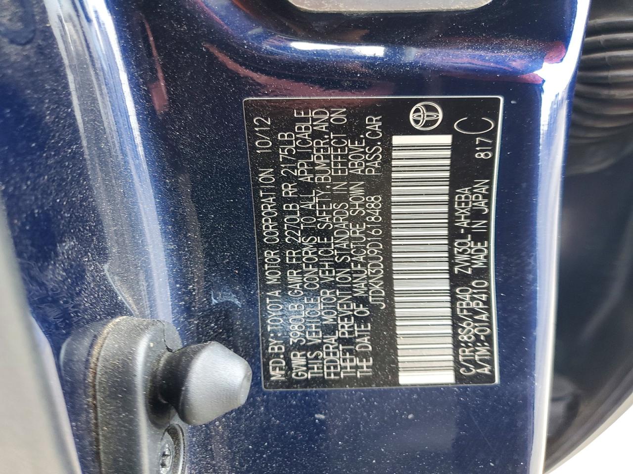 2013 Toyota Prius Two Blue vin: JTDKN3DU9D1618488