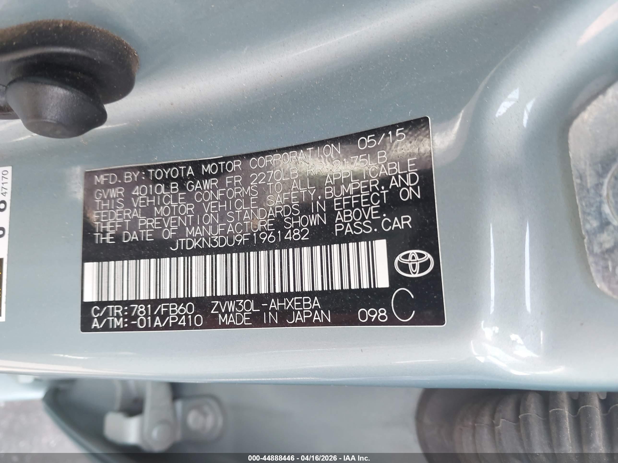 2015 Toyota Prius Two Light Blue vin: JTDKN3DU9F1961482