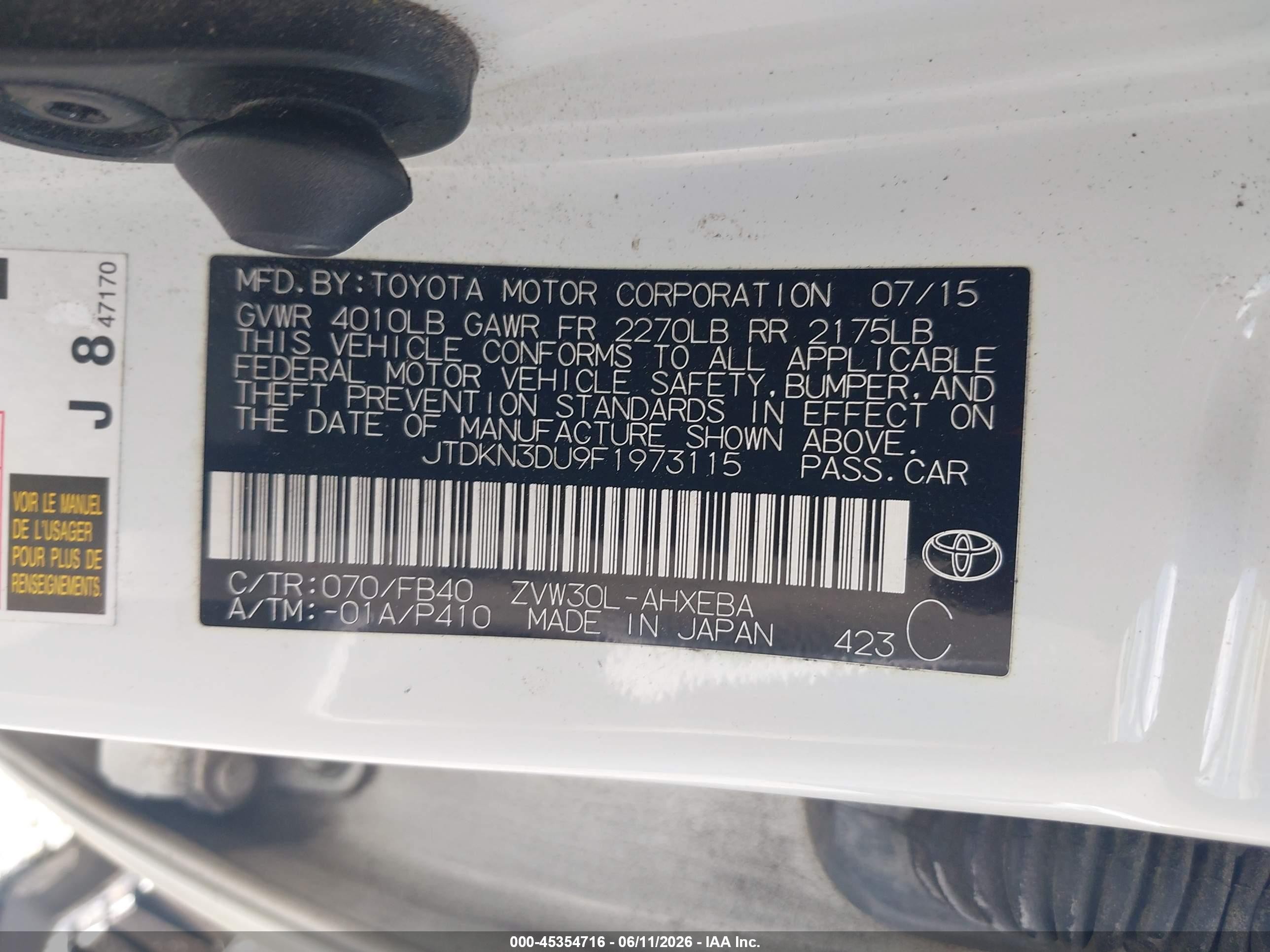 2015 Toyota Prius Two White vin: JTDKN3DU9F1973115
