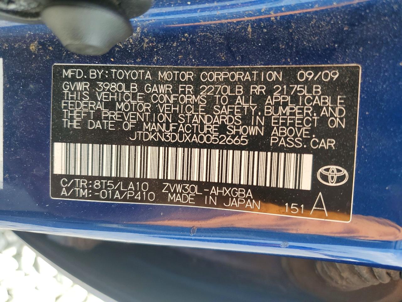 2010 Toyota Prius Iv Blue vin: JTDKN3DUXA0052665
