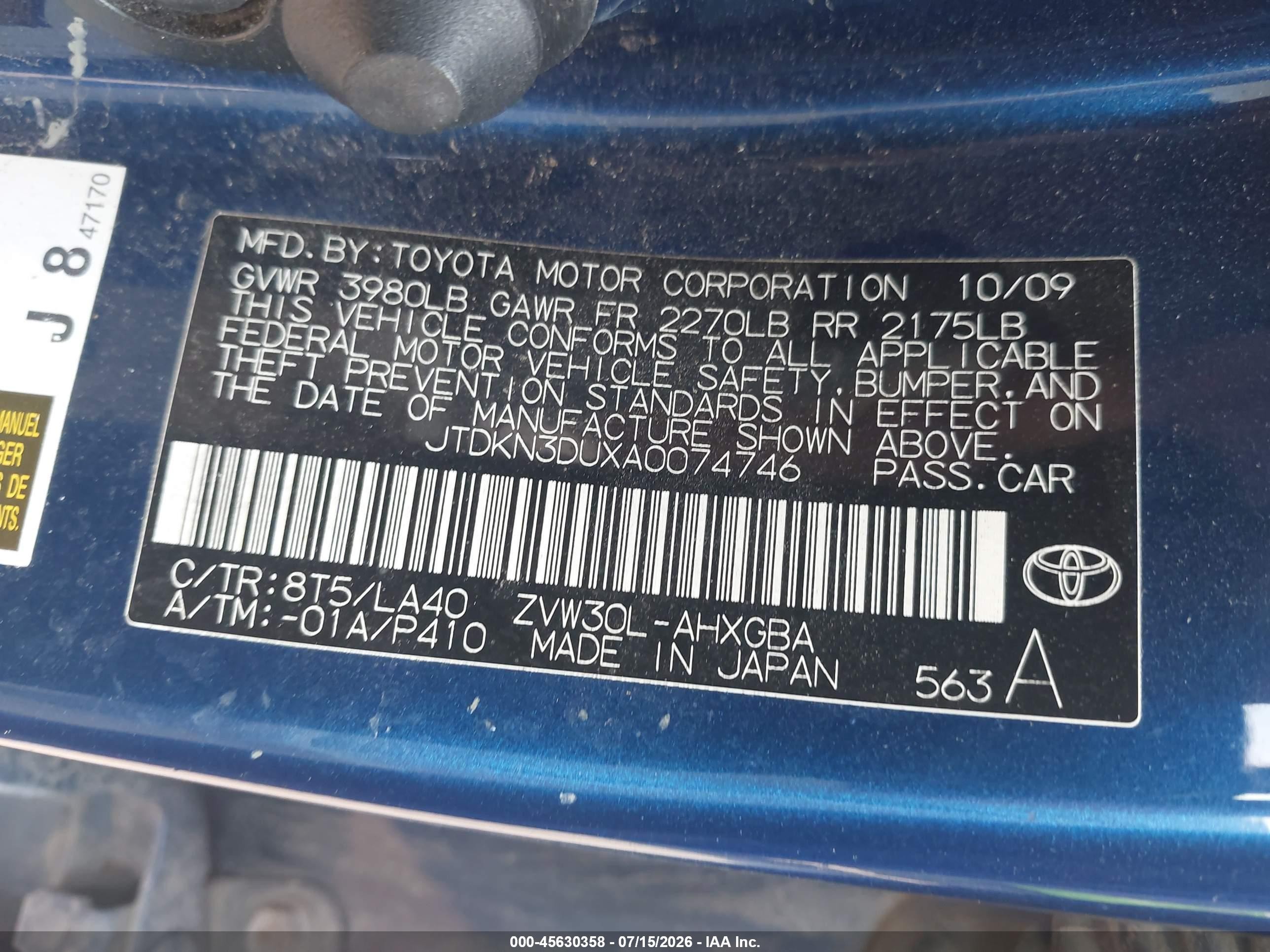 2010 Toyota Prius Iv Blue vin: JTDKN3DUXA0074746