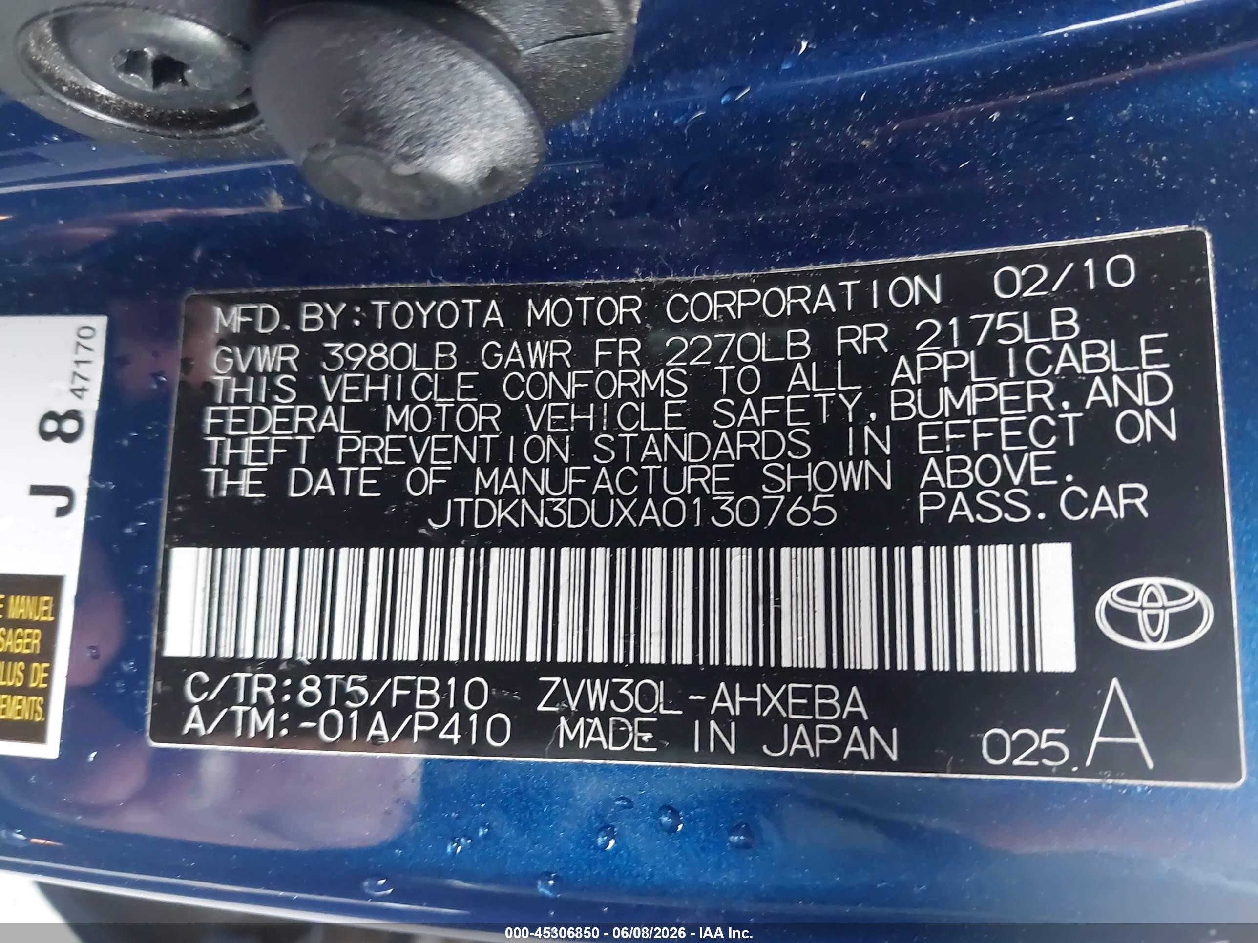 2010 Toyota Prius Ii Blue vin: JTDKN3DUXA0130765