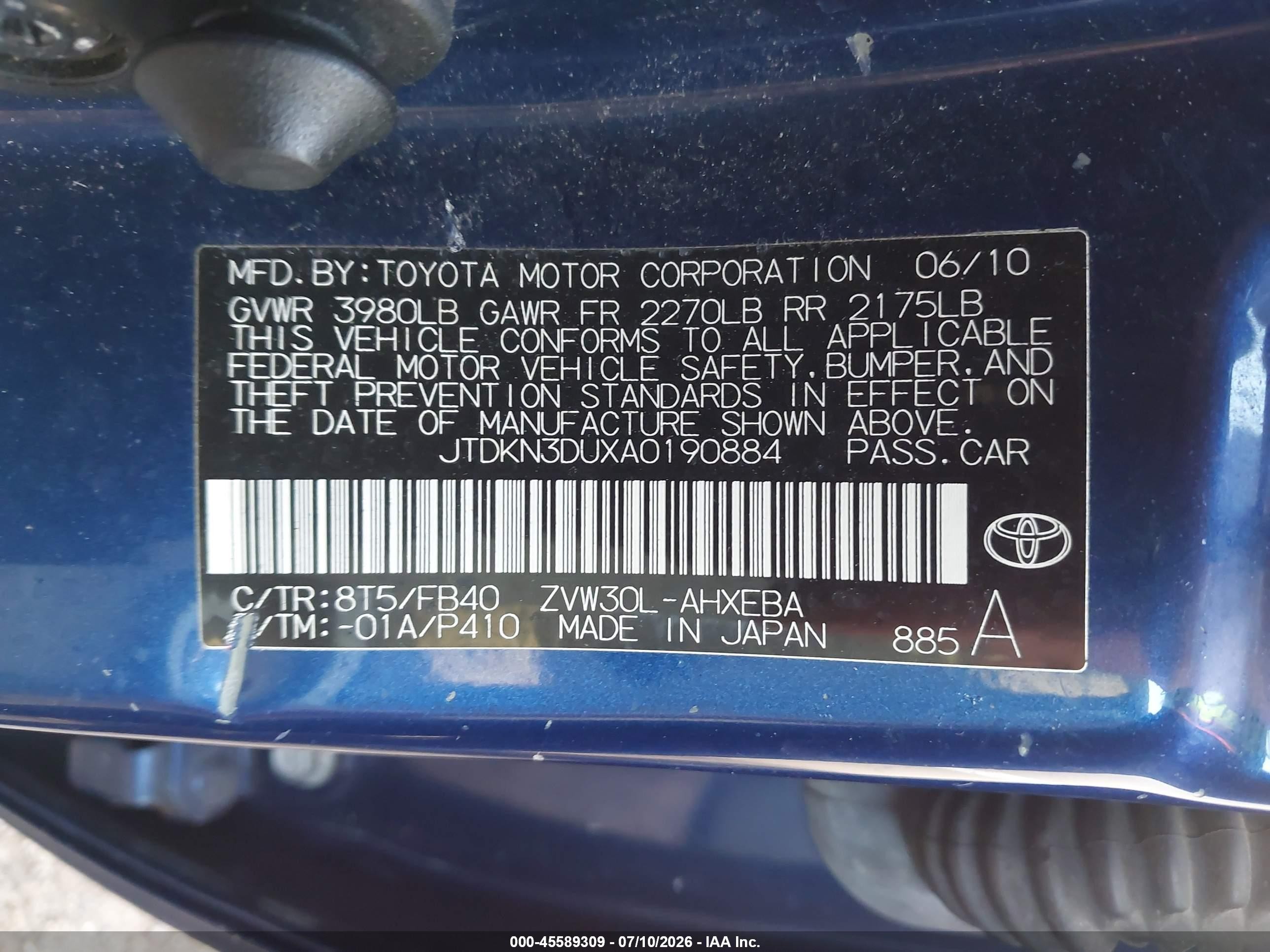 2010 Toyota Prius Iii Blue vin: JTDKN3DUXA0190884