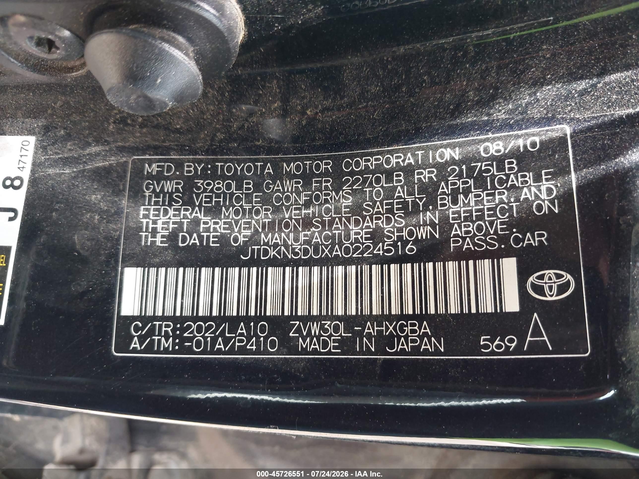 2010 Toyota Prius Iv Black vin: JTDKN3DUXA0224516