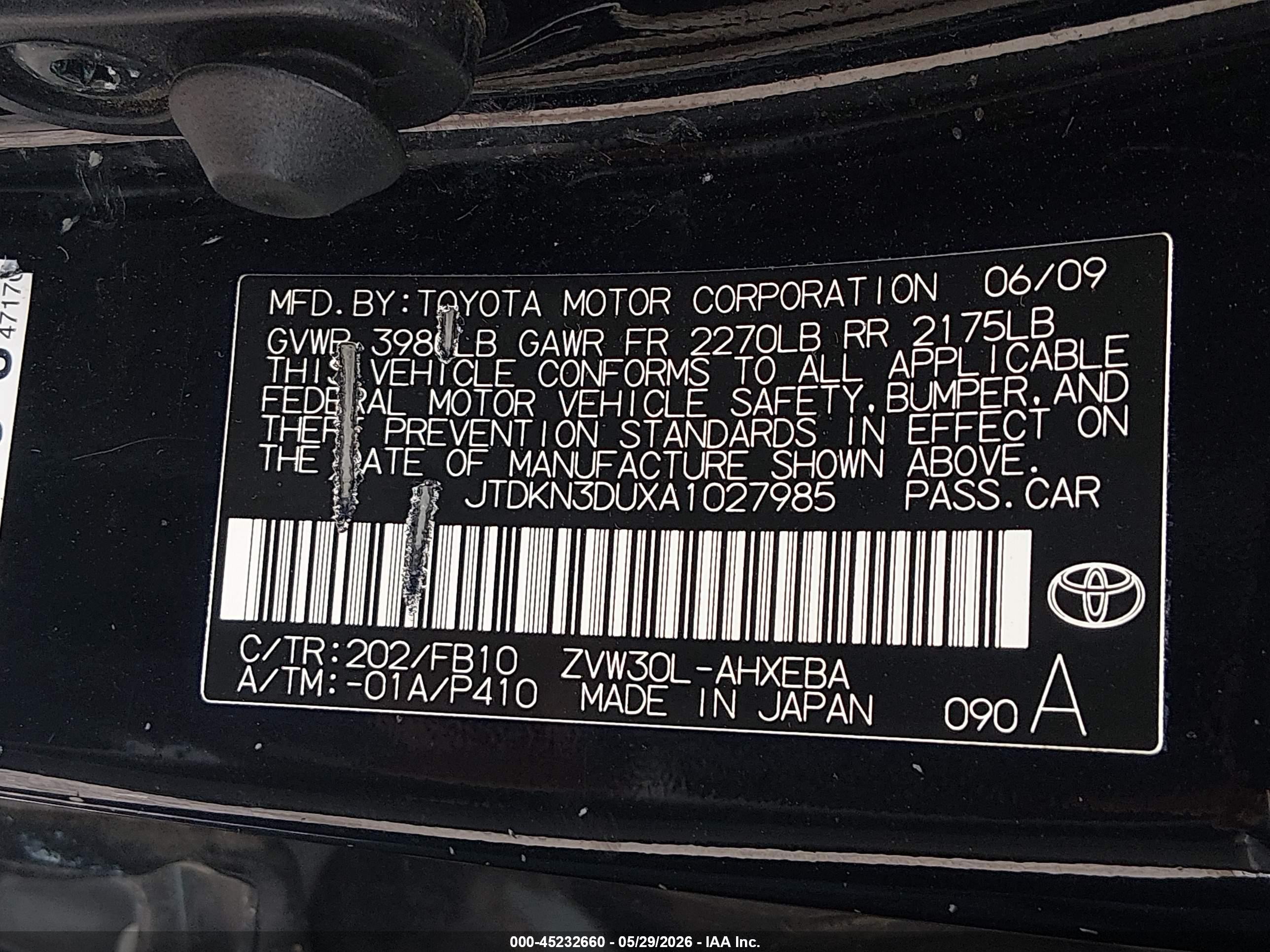 2010 Toyota Prius Ii Black vin: JTDKN3DUXA1027985