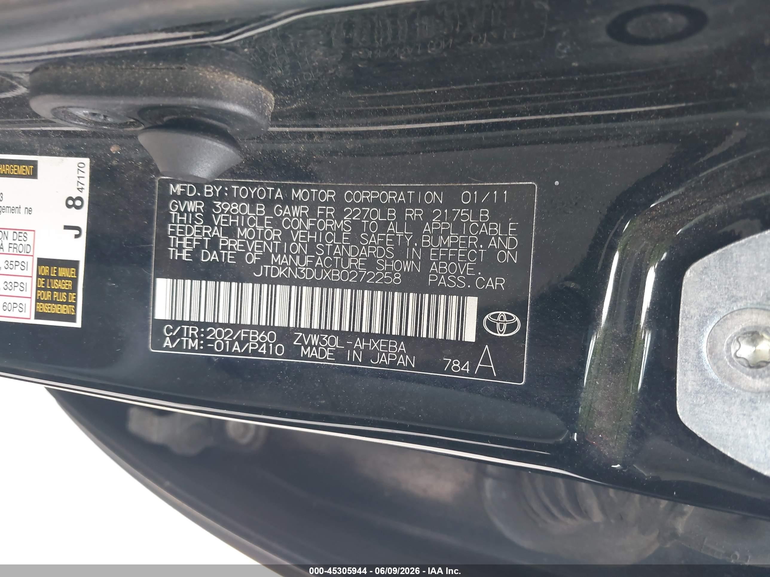 2011 Toyota Prius Two Black vin: JTDKN3DUXB0272258