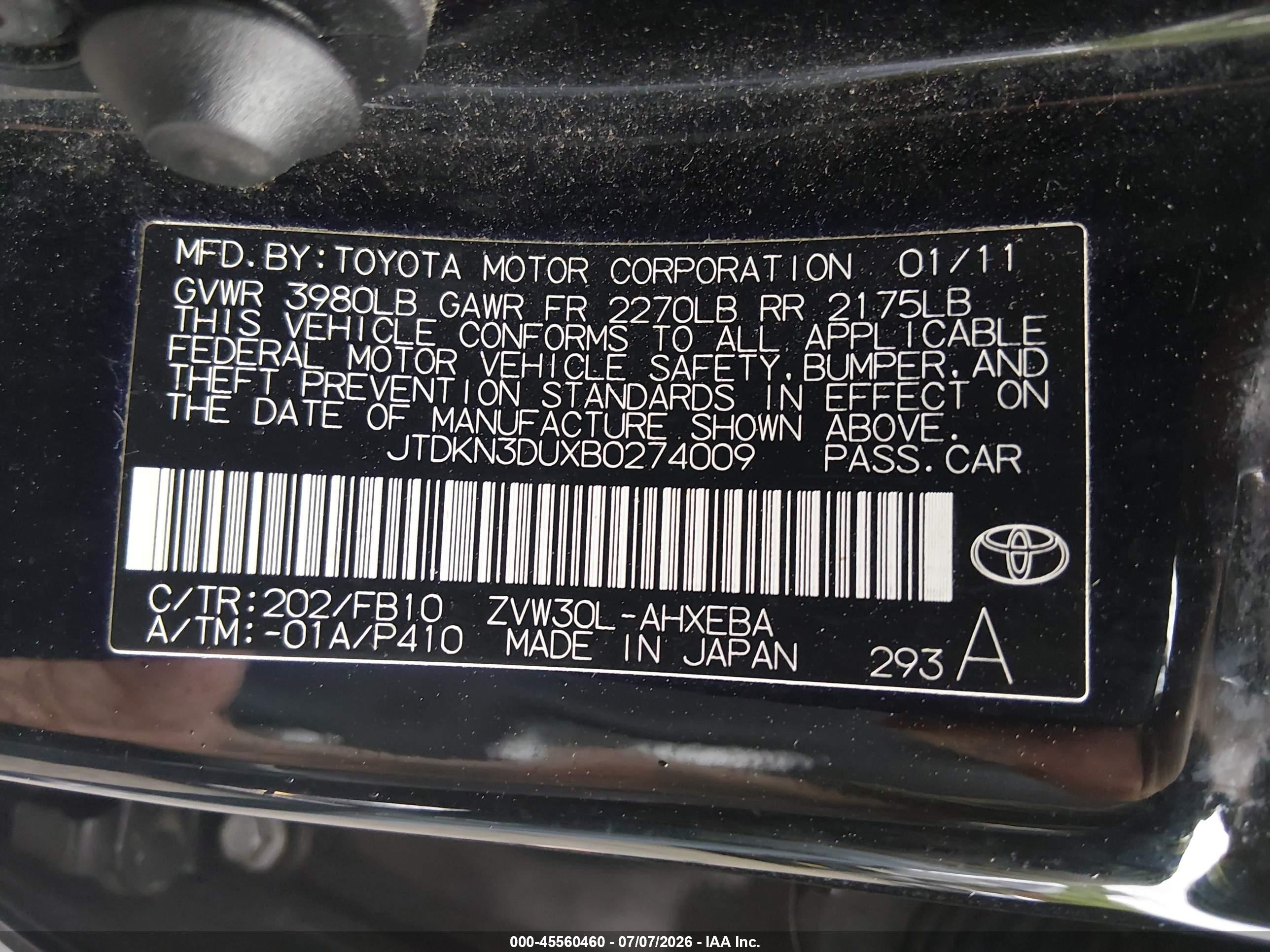 2011 Toyota Prius Two Black vin: JTDKN3DUXB0274009