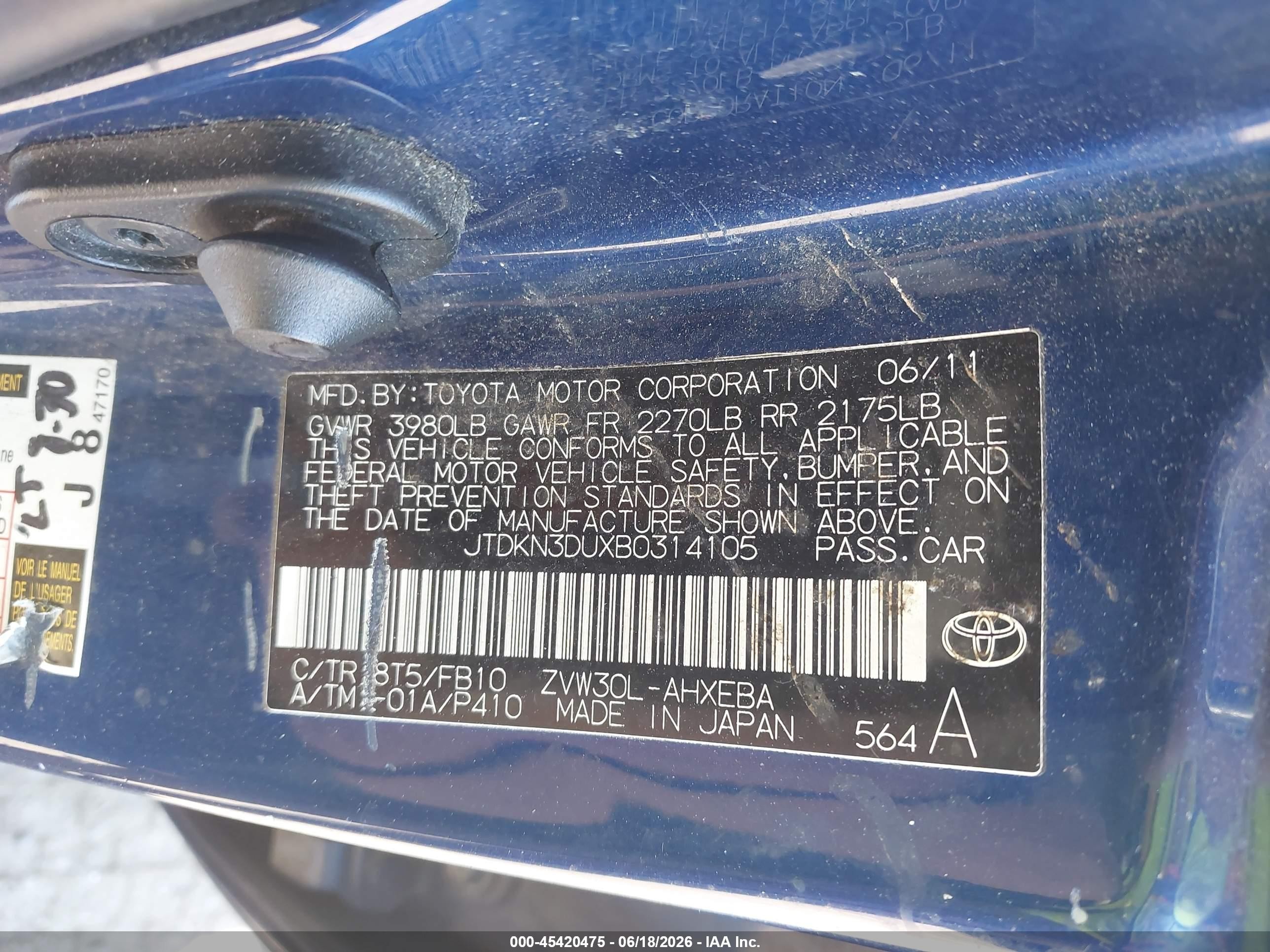 2011 Toyota Prius Two Dark Blue vin: JTDKN3DUXB0314105