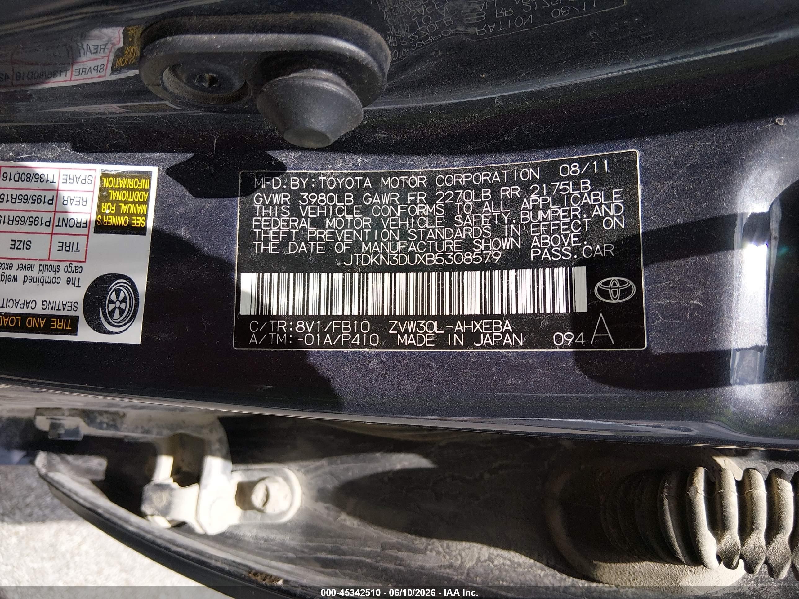 2011 Toyota Prius Two Black vin: JTDKN3DUXB5308579