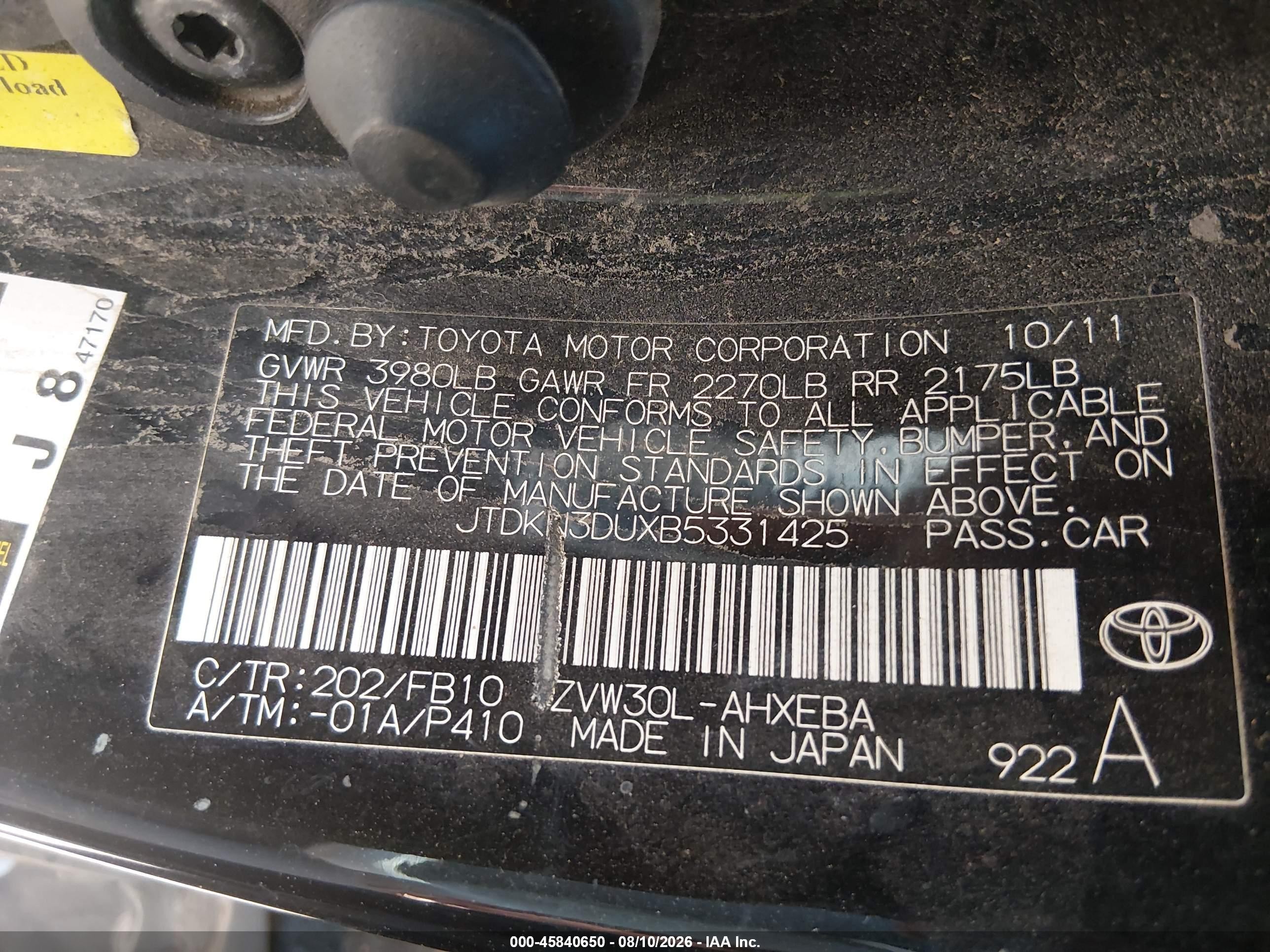 2011 Toyota Prius Two Black vin: JTDKN3DUXB5331425