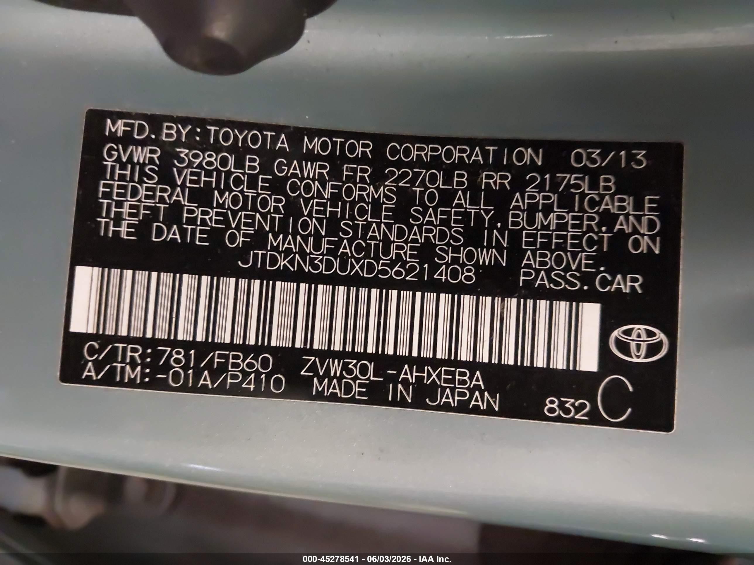 2013 Toyota Prius Three Turquoise vin: JTDKN3DUXD5621408