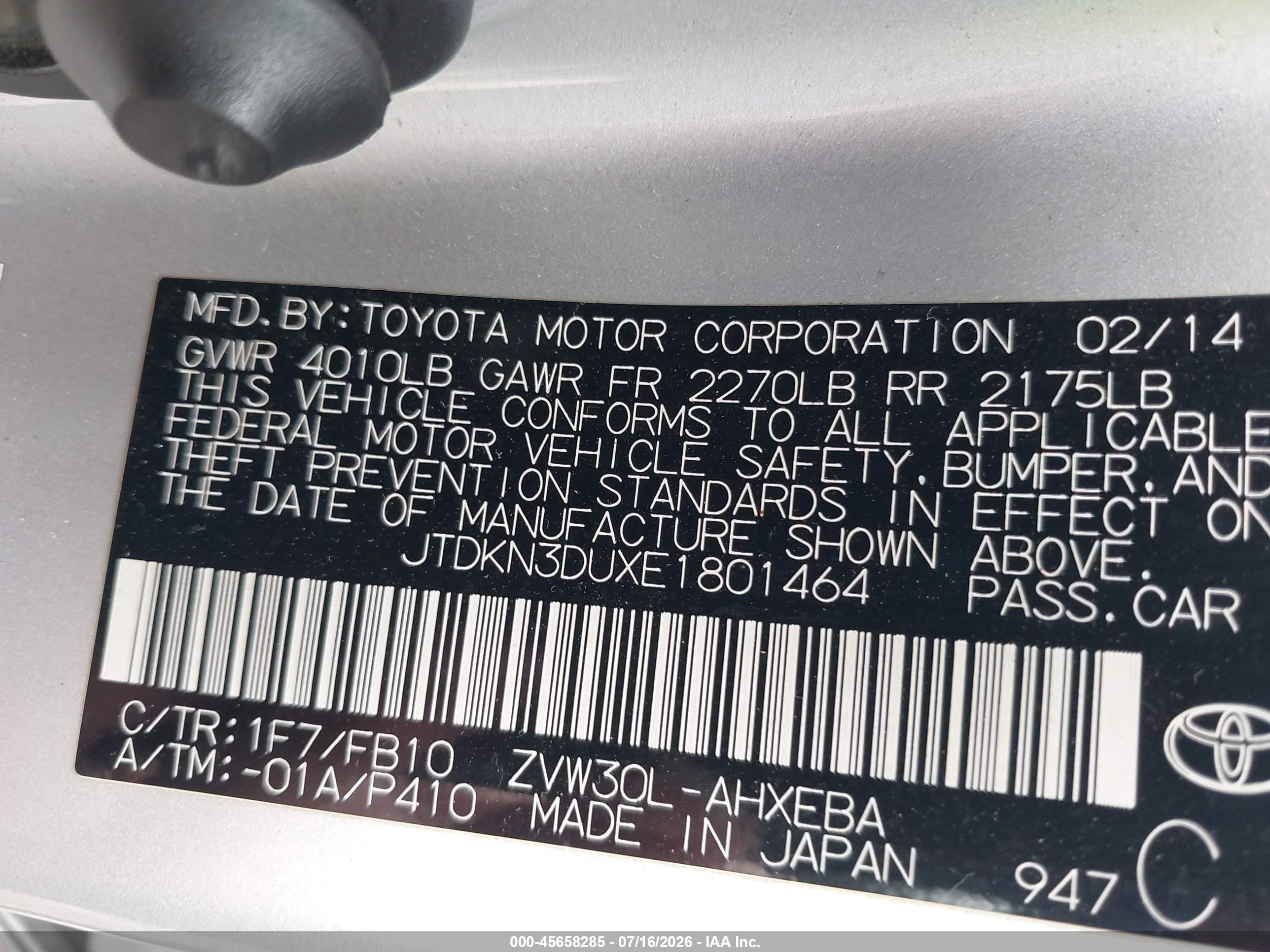 2014 Toyota Prius Two Silver vin: JTDKN3DUXE1801464