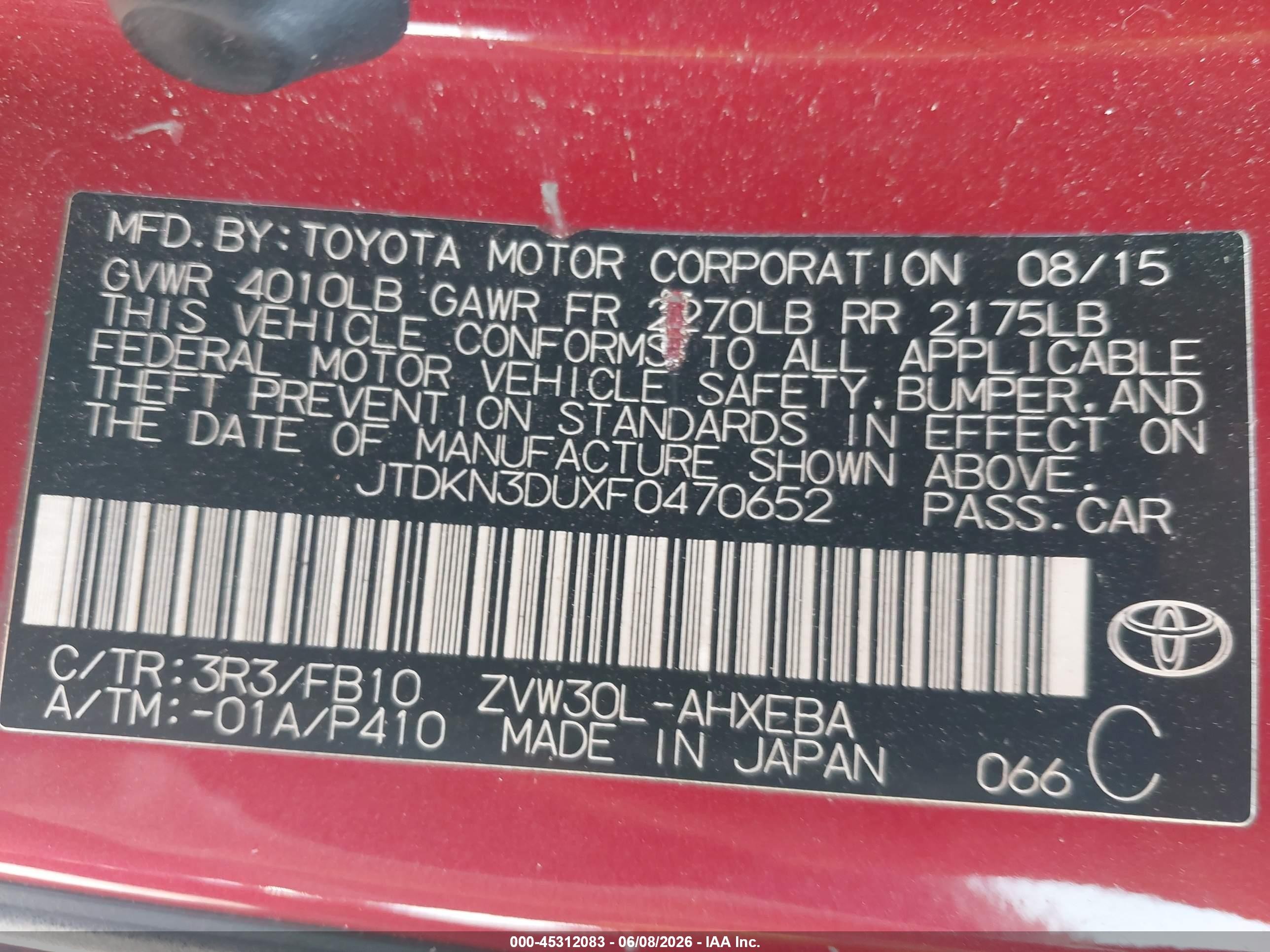 2015 Toyota Prius Two Red vin: JTDKN3DUXF0470652