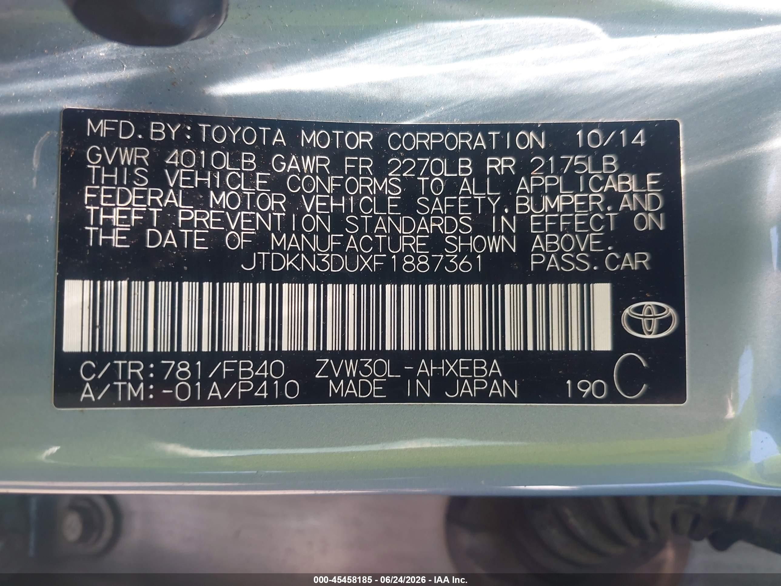 2015 Toyota Prius Three Light Blue vin: JTDKN3DUXF1887361