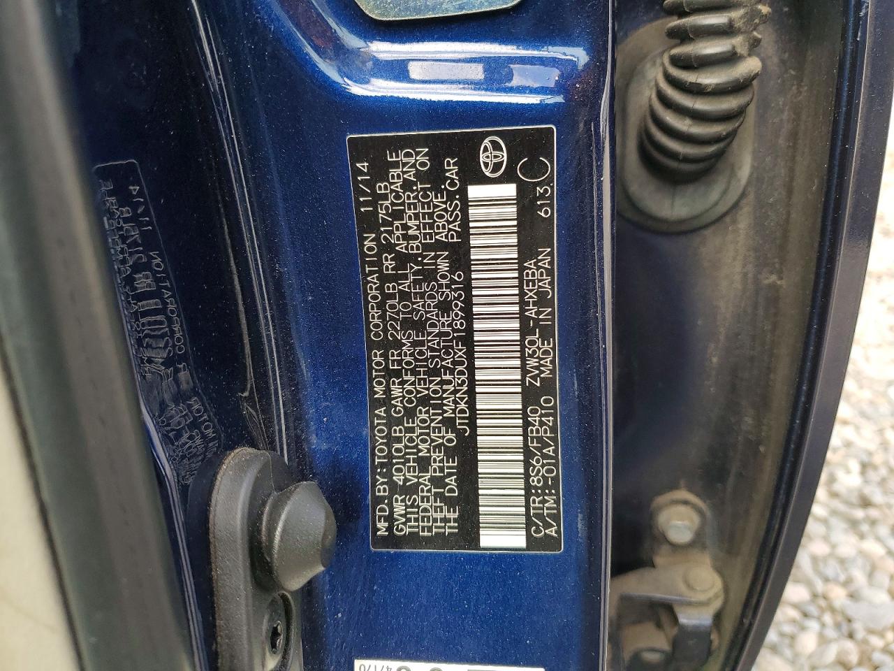 2015 Toyota Prius Two Blue vin: JTDKN3DUXF1899316