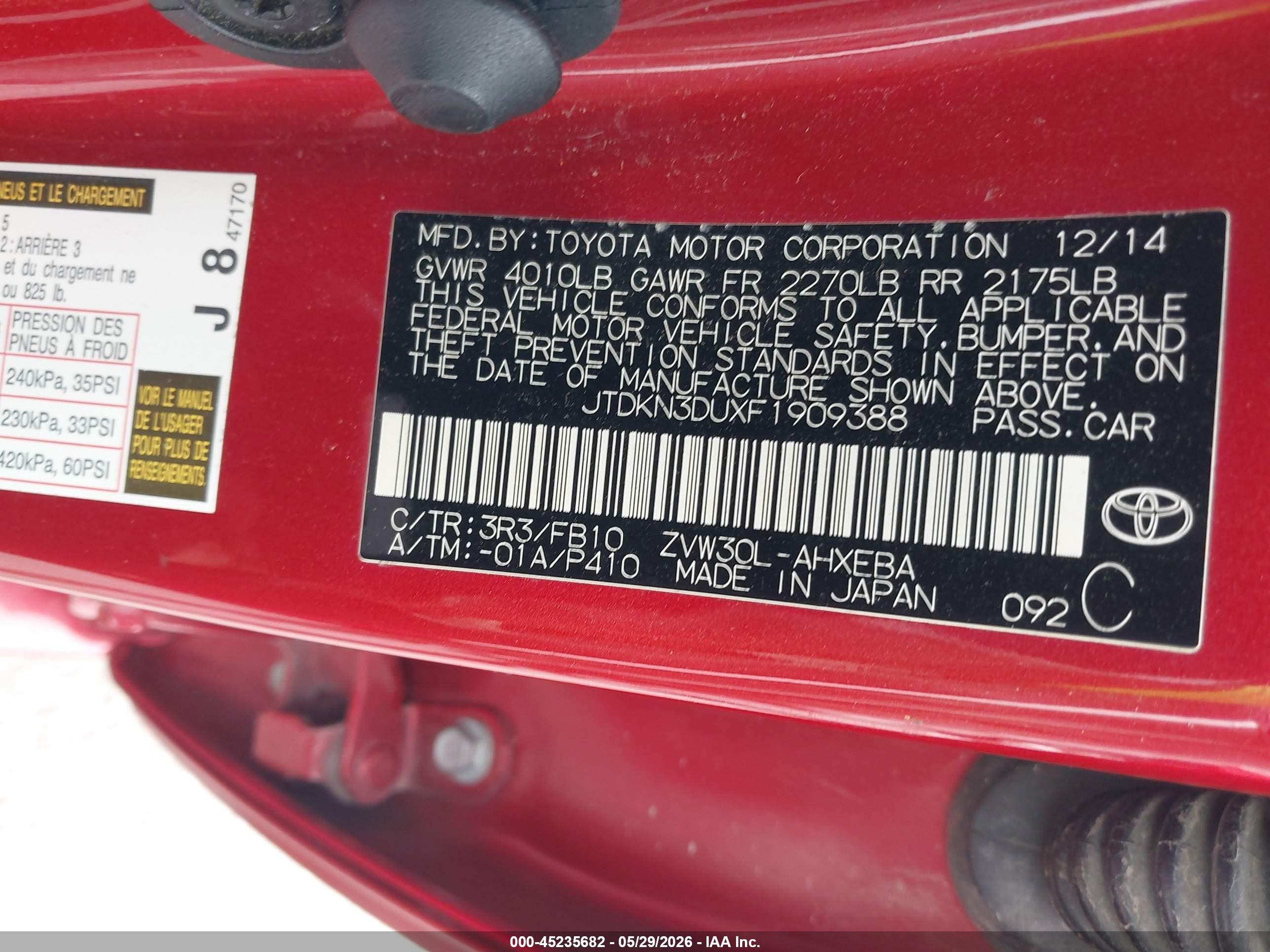 2015 Toyota Prius Two Red vin: JTDKN3DUXF1909388