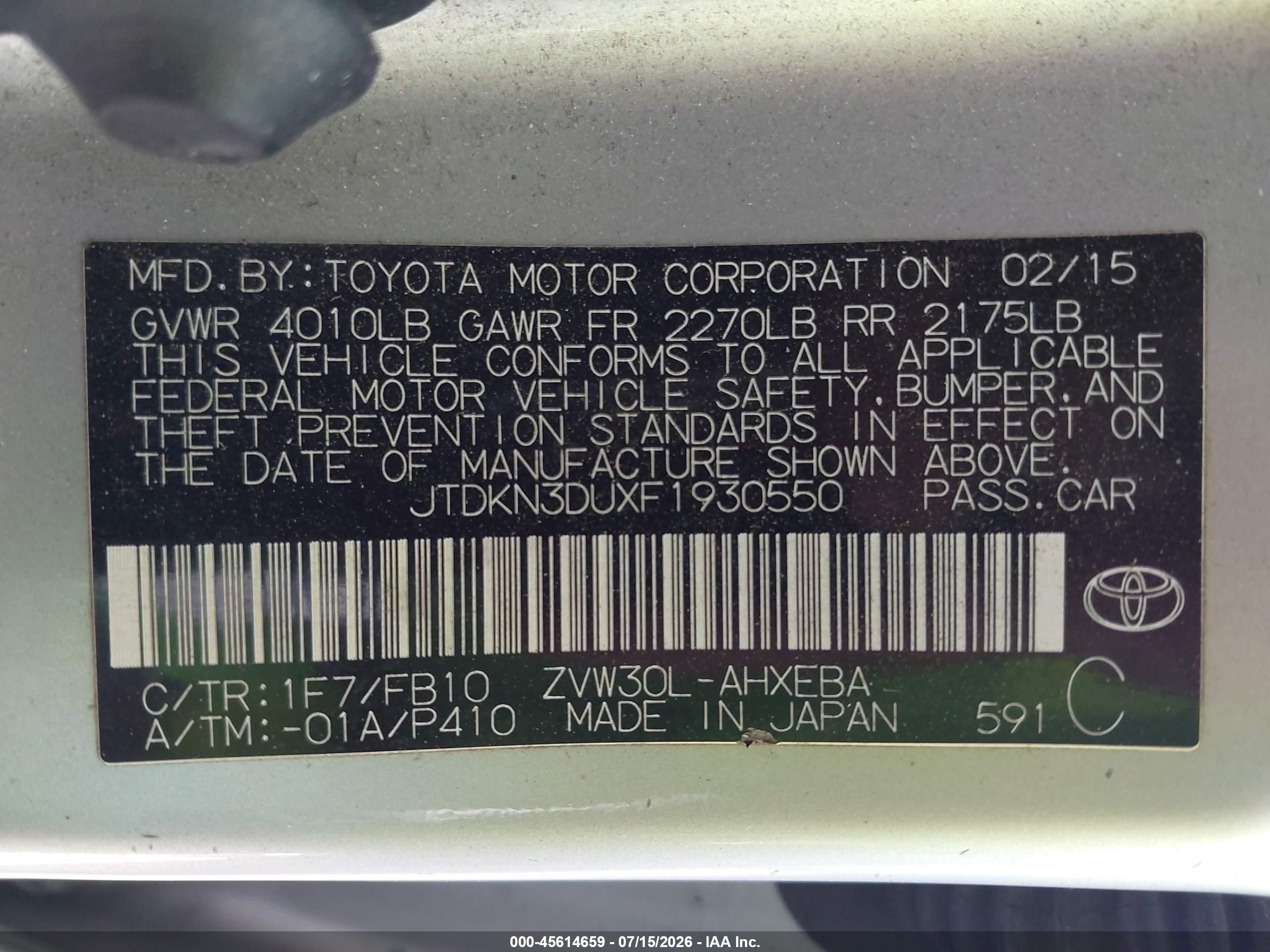 2015 Toyota Prius Two Silver vin: JTDKN3DUXF1930550