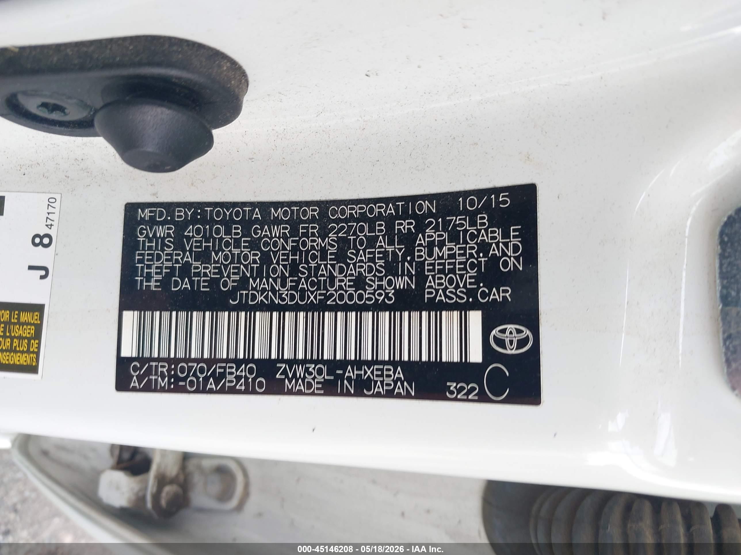 2015 Toyota Prius Two White vin: JTDKN3DUXF2000593