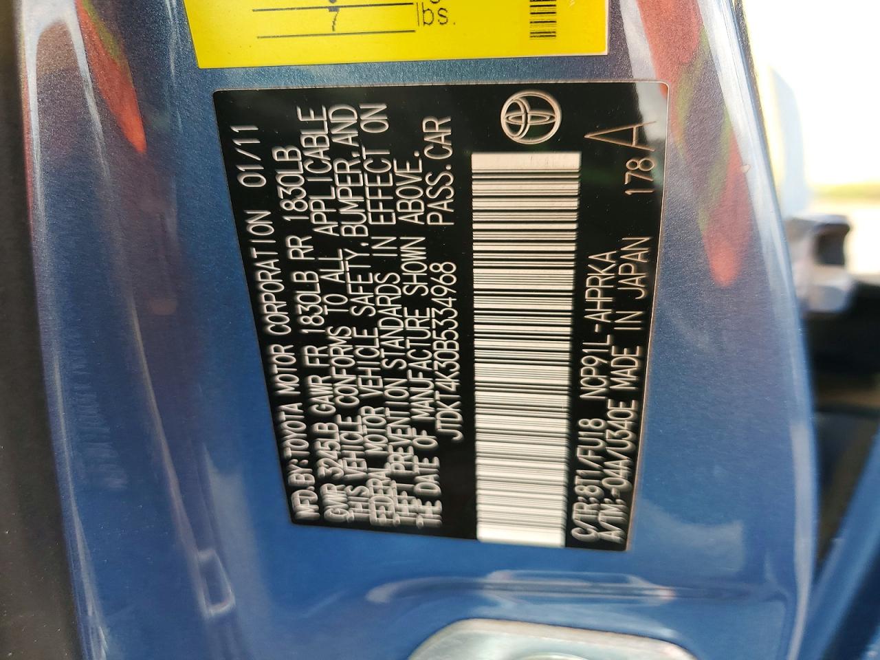 2011 Toyota Yaris Base Blue vin: JTDKT4K30B5334968