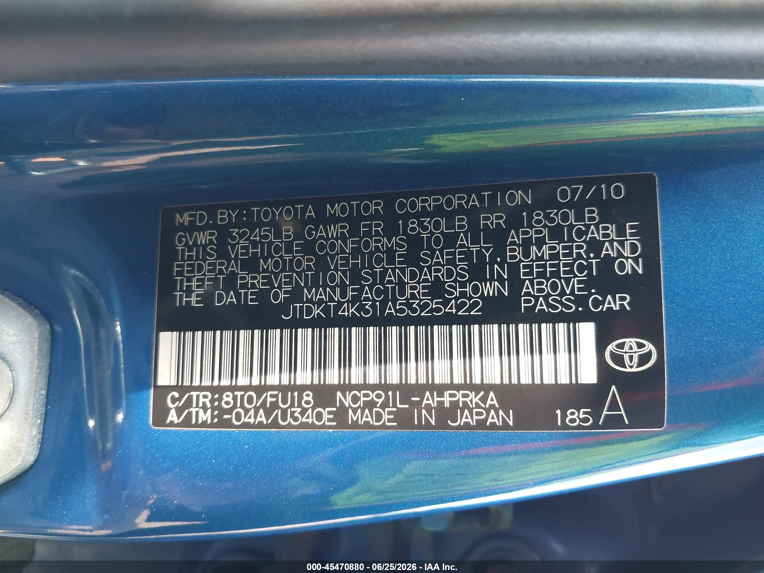 2010 Toyota Yaris   Синий vin: JTDKT4K31A5325422