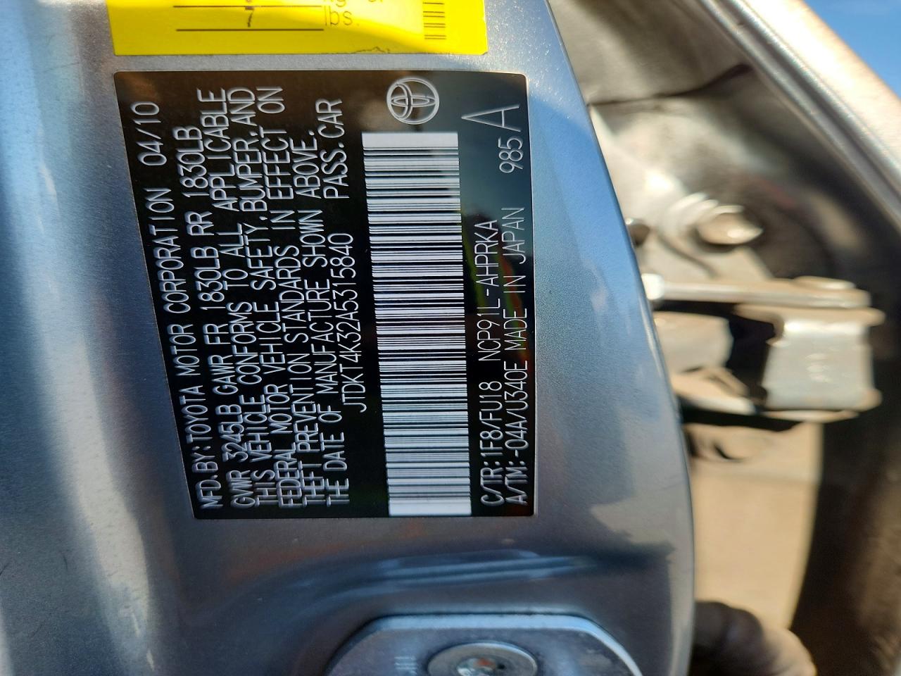 2010 Toyota Yaris Base Gray vin: JTDKT4K32A5315840