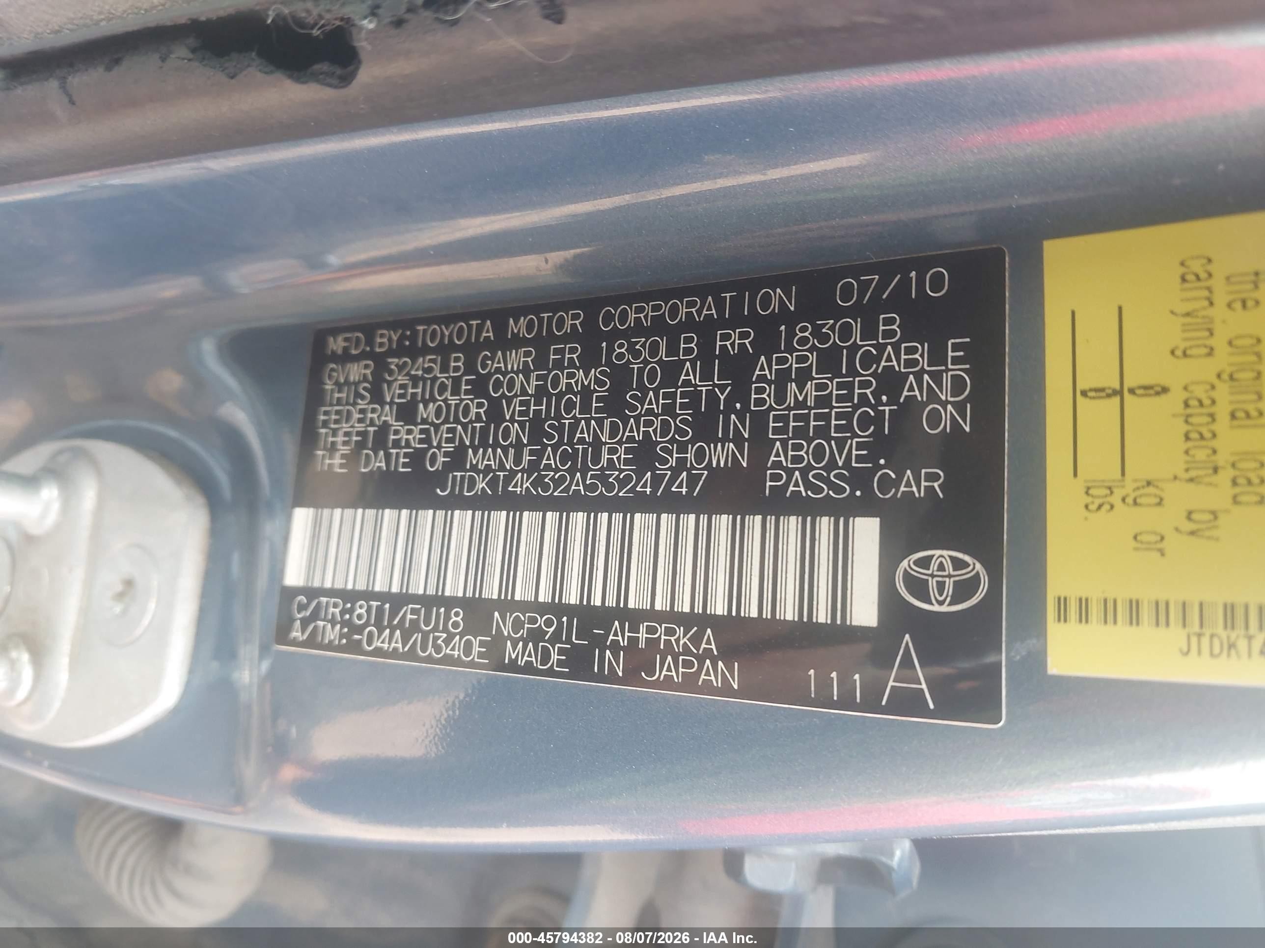 2010 Toyota Yaris   Light Blue vin: JTDKT4K32A5324747