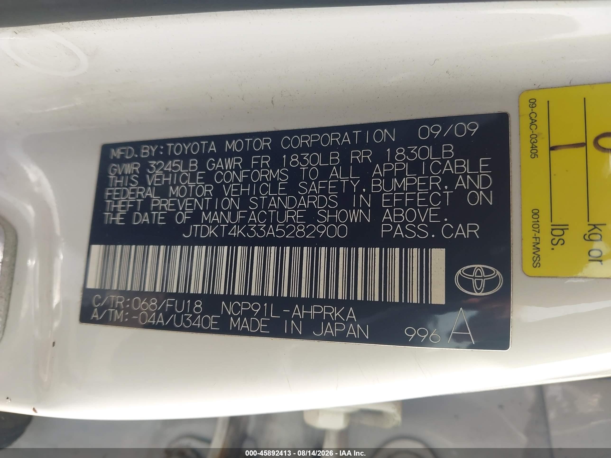 2010 Toyota Yaris   White vin: JTDKT4K33A5282900
