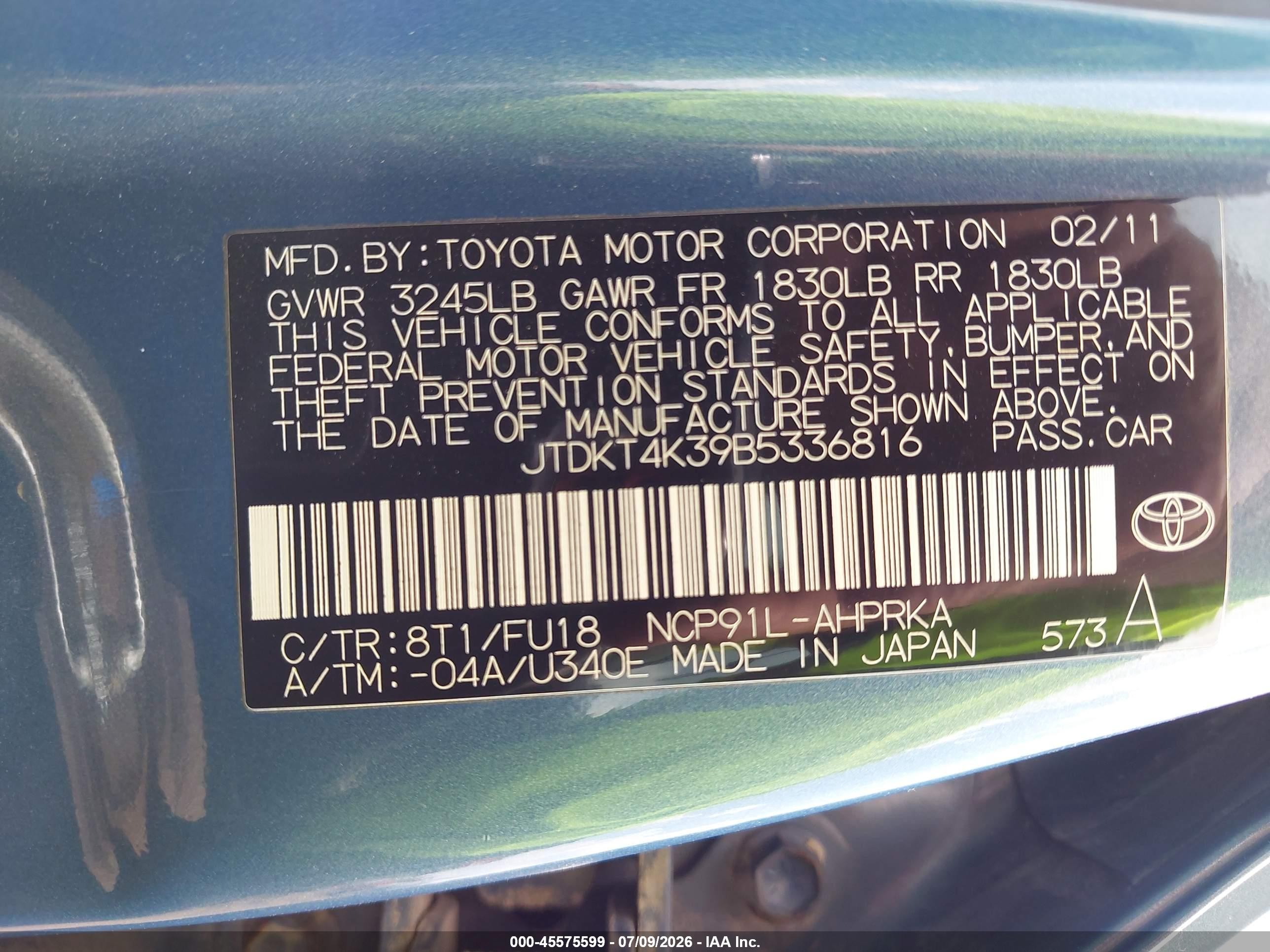 2011 Toyota Yaris Base (a4) Blue vin: JTDKT4K39B5336816