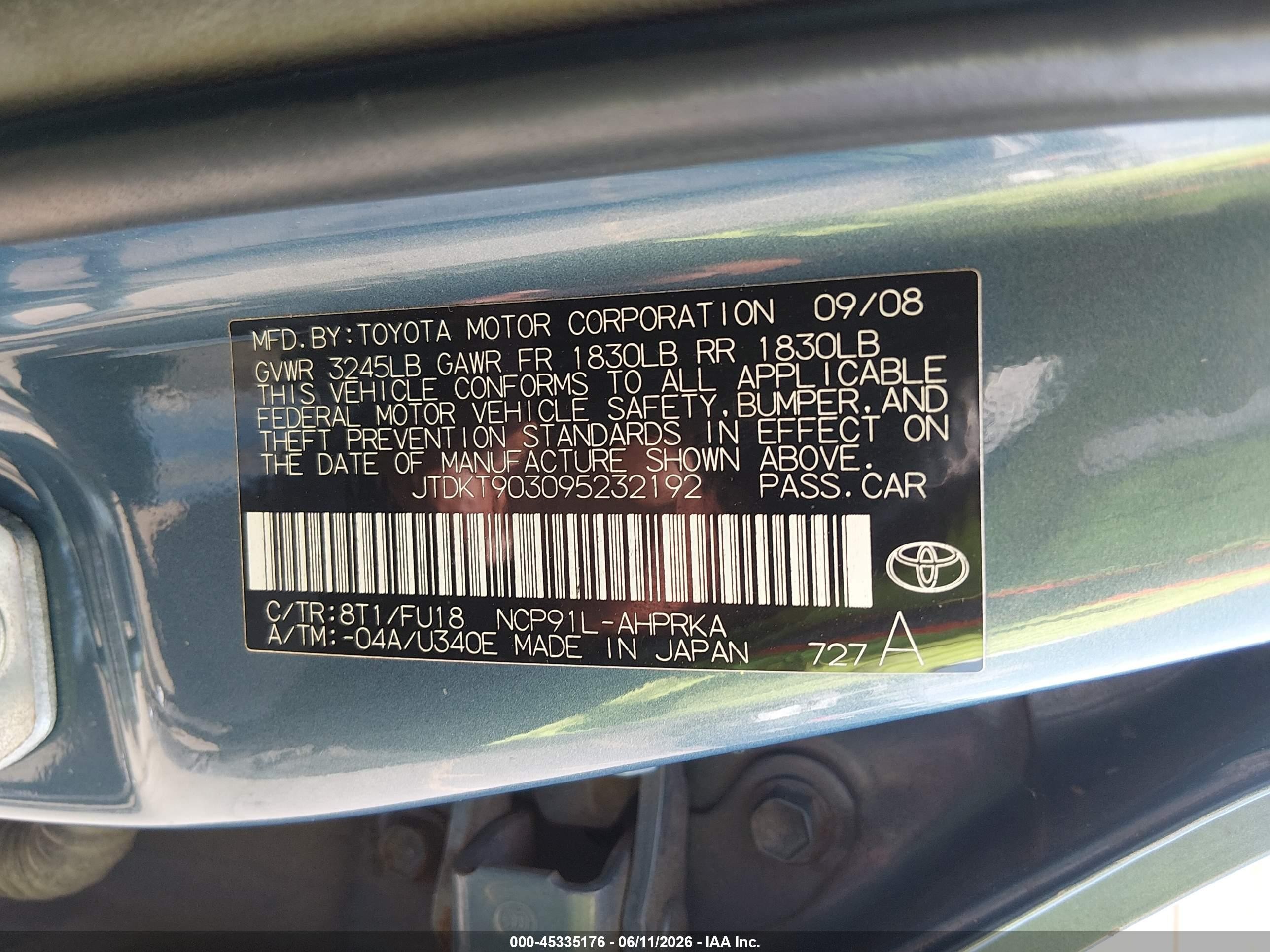 2009 Toyota Yaris   Синий vin: JTDKT903095232192