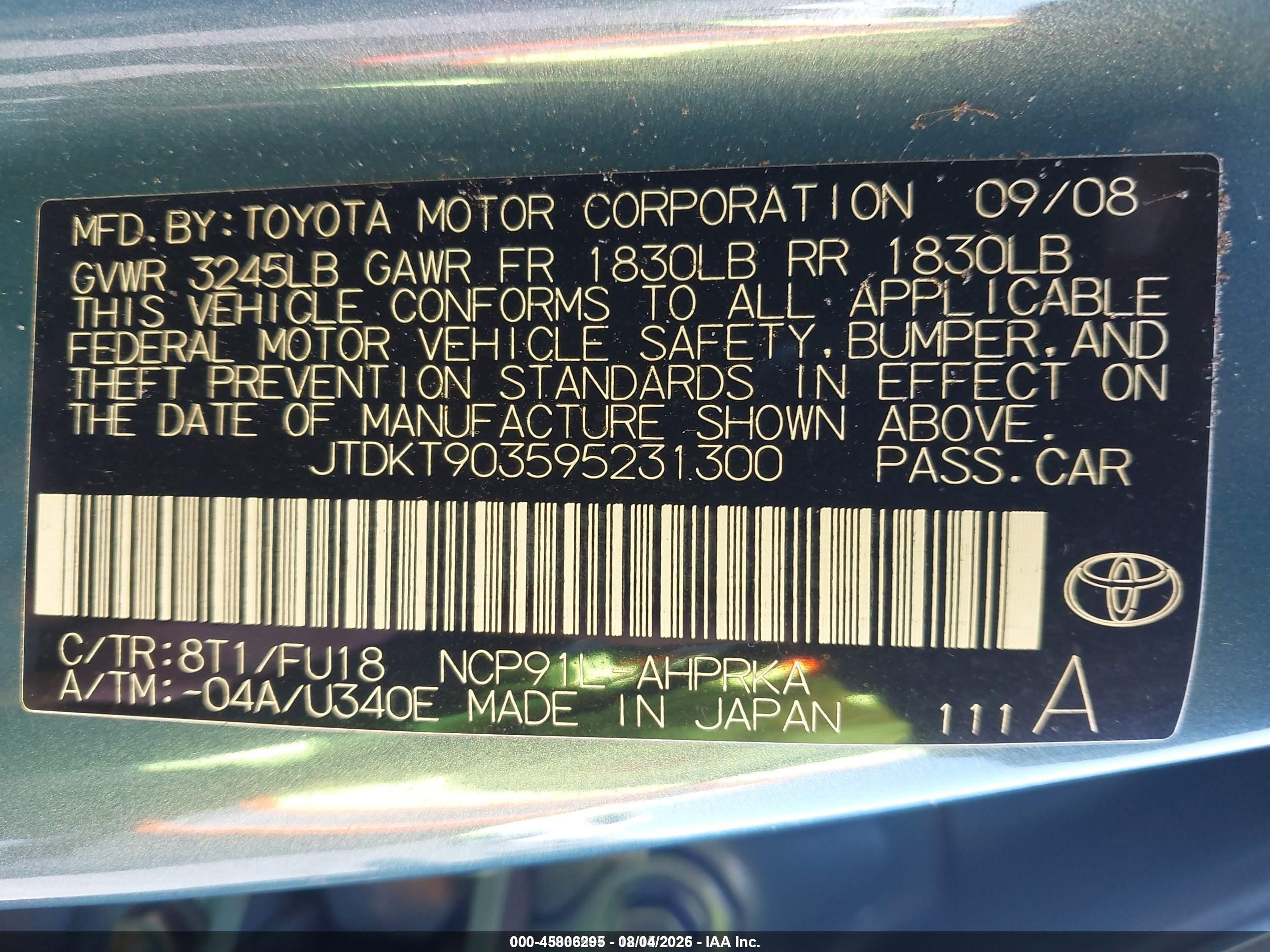 2009 Toyota Yaris   Blue vin: JTDKT903595231300