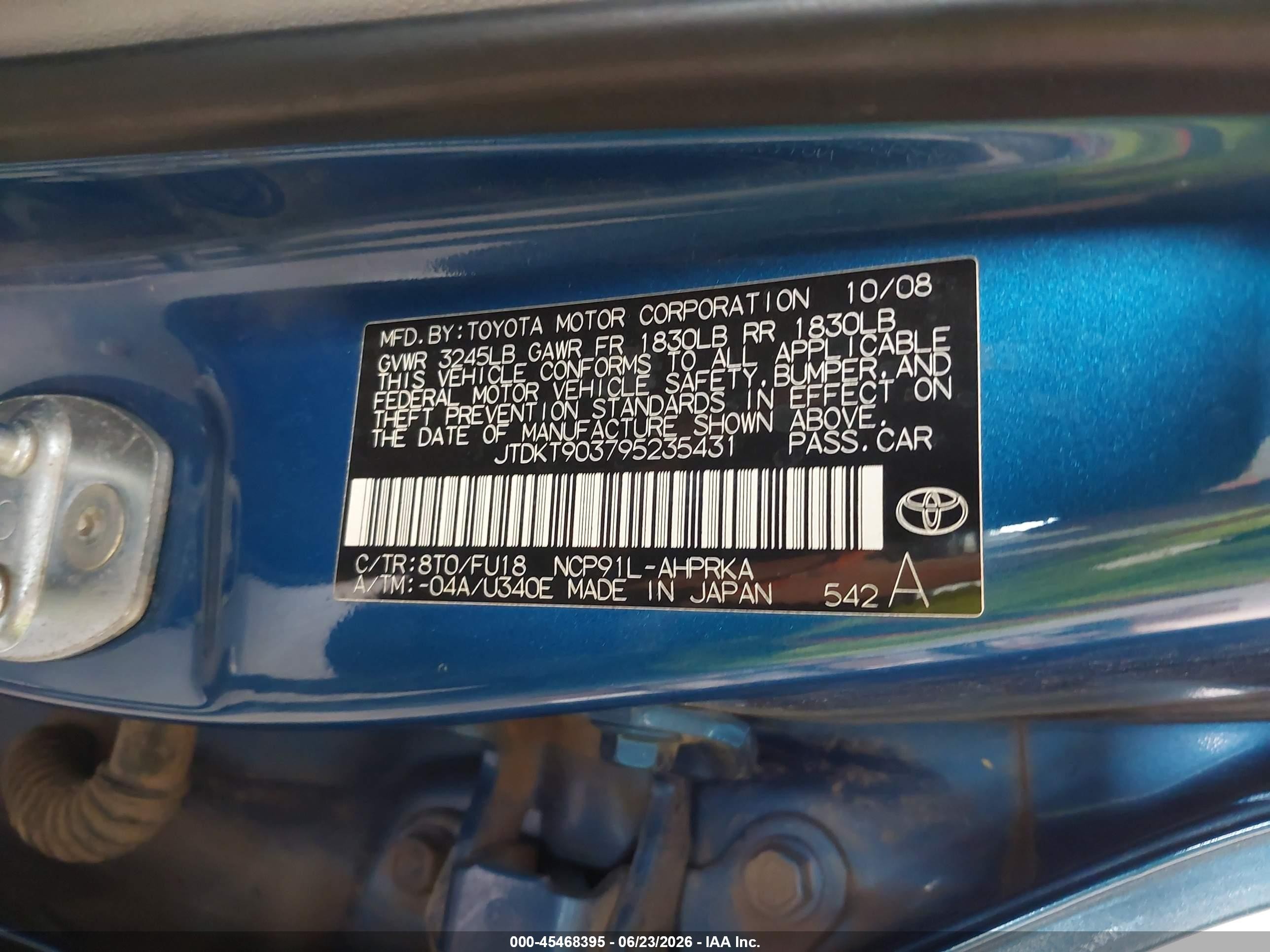 2009 Toyota Yaris   Blue vin: JTDKT903795235431