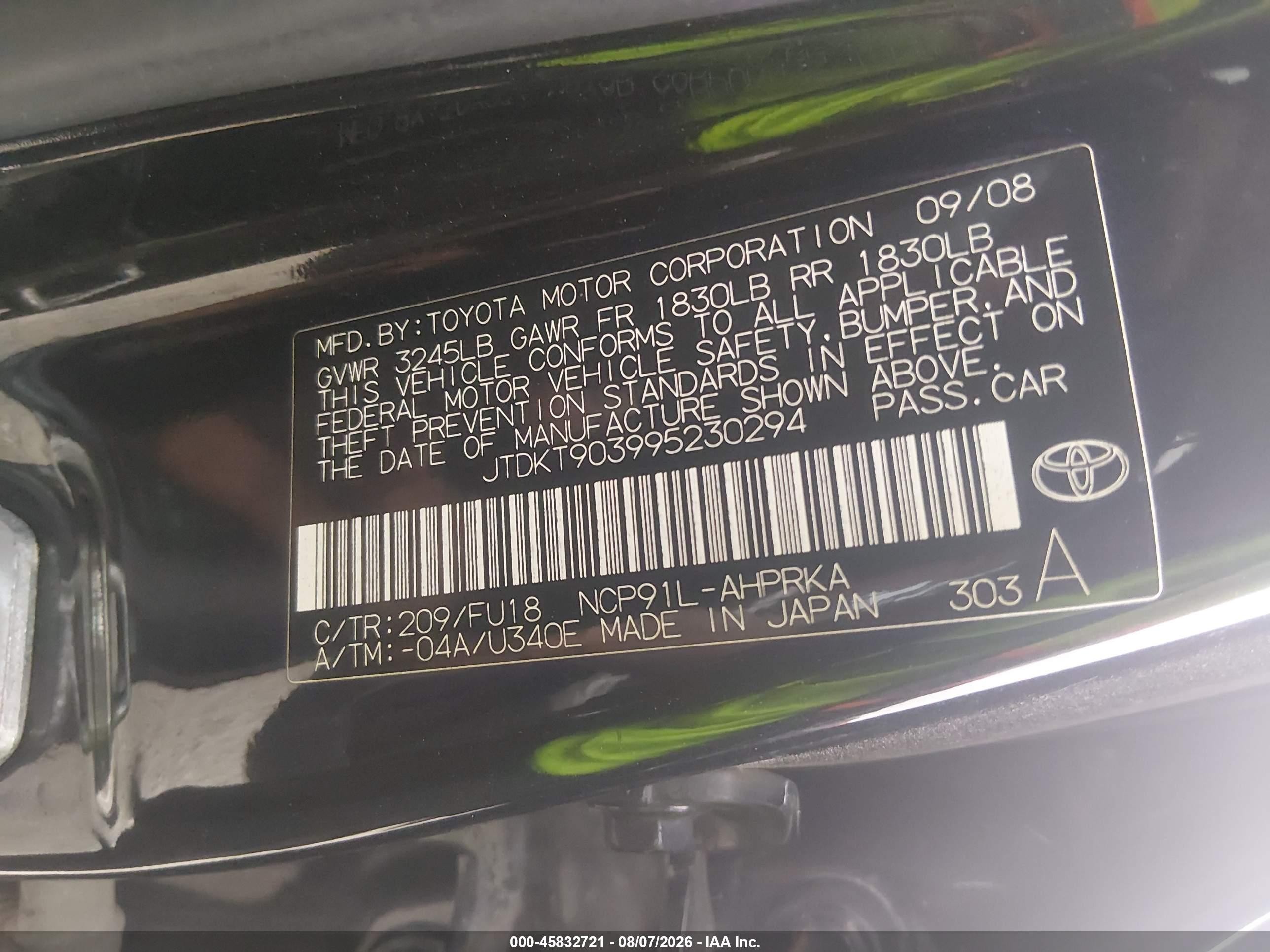 2009 Toyota Yaris Black vin: JTDKT903995230294