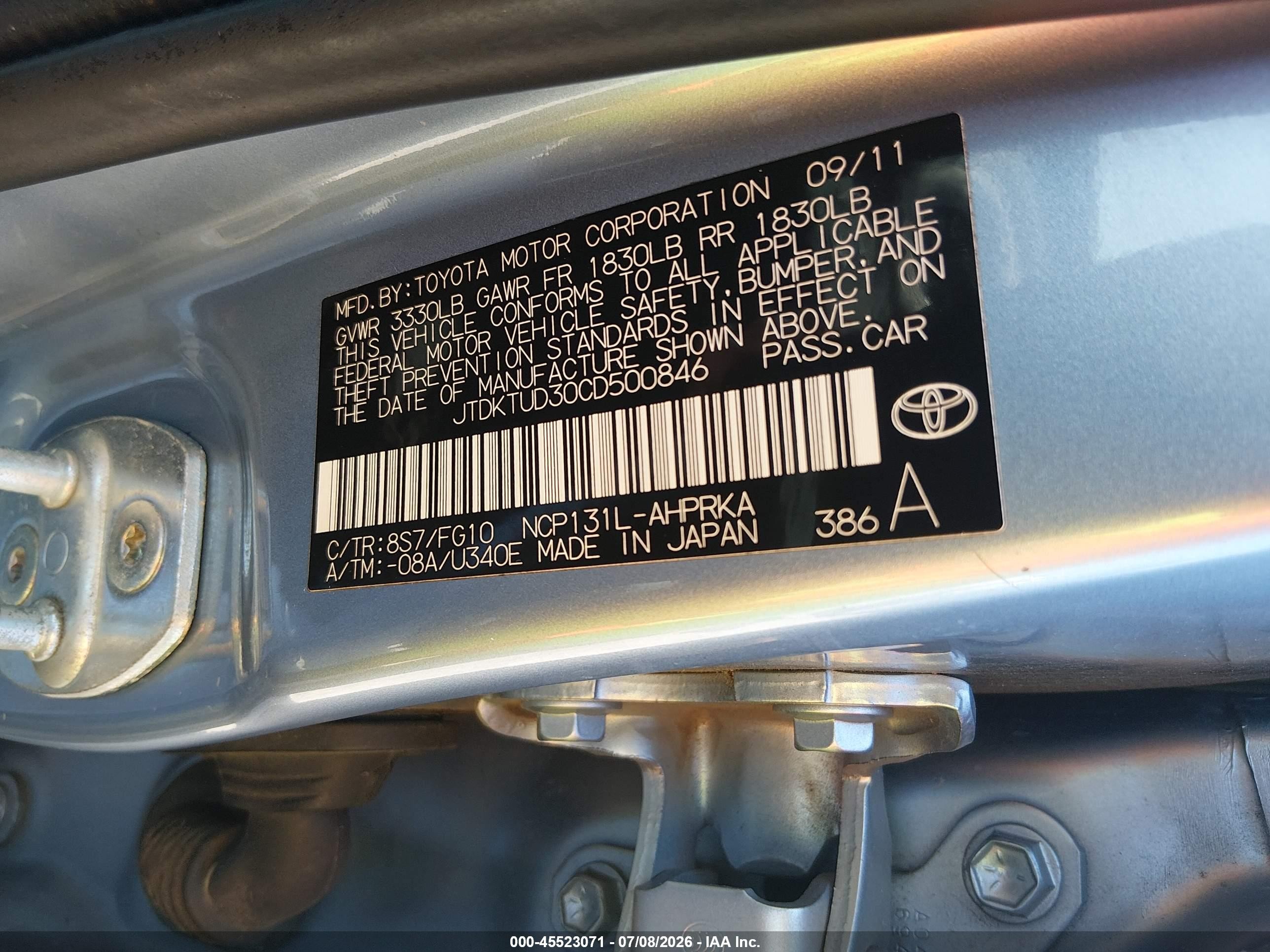 2012 Toyota Yaris Le Light Blue vin: JTDKTUD30CD500846