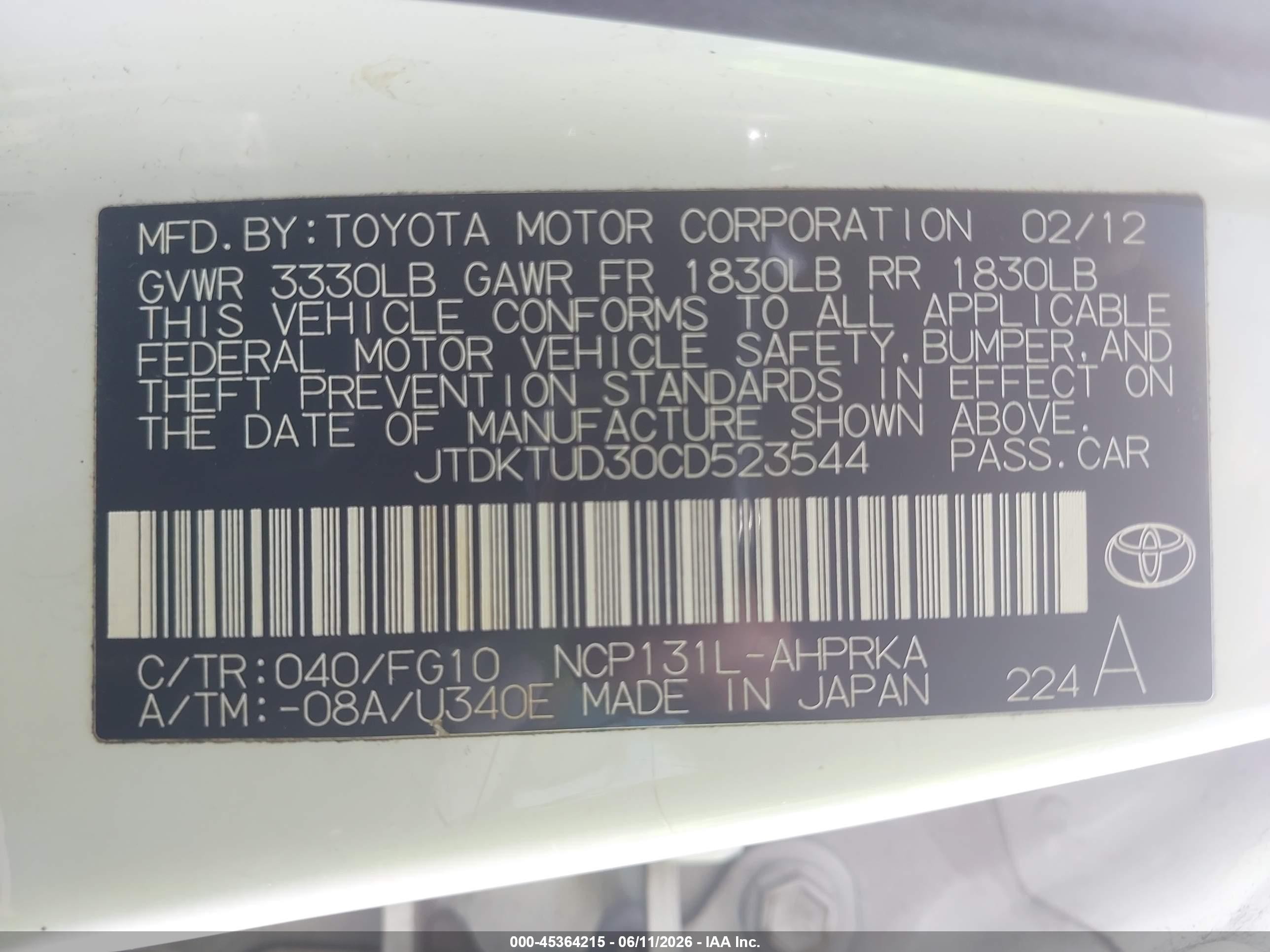 2012 Toyota Yaris Le White vin: JTDKTUD30CD523544