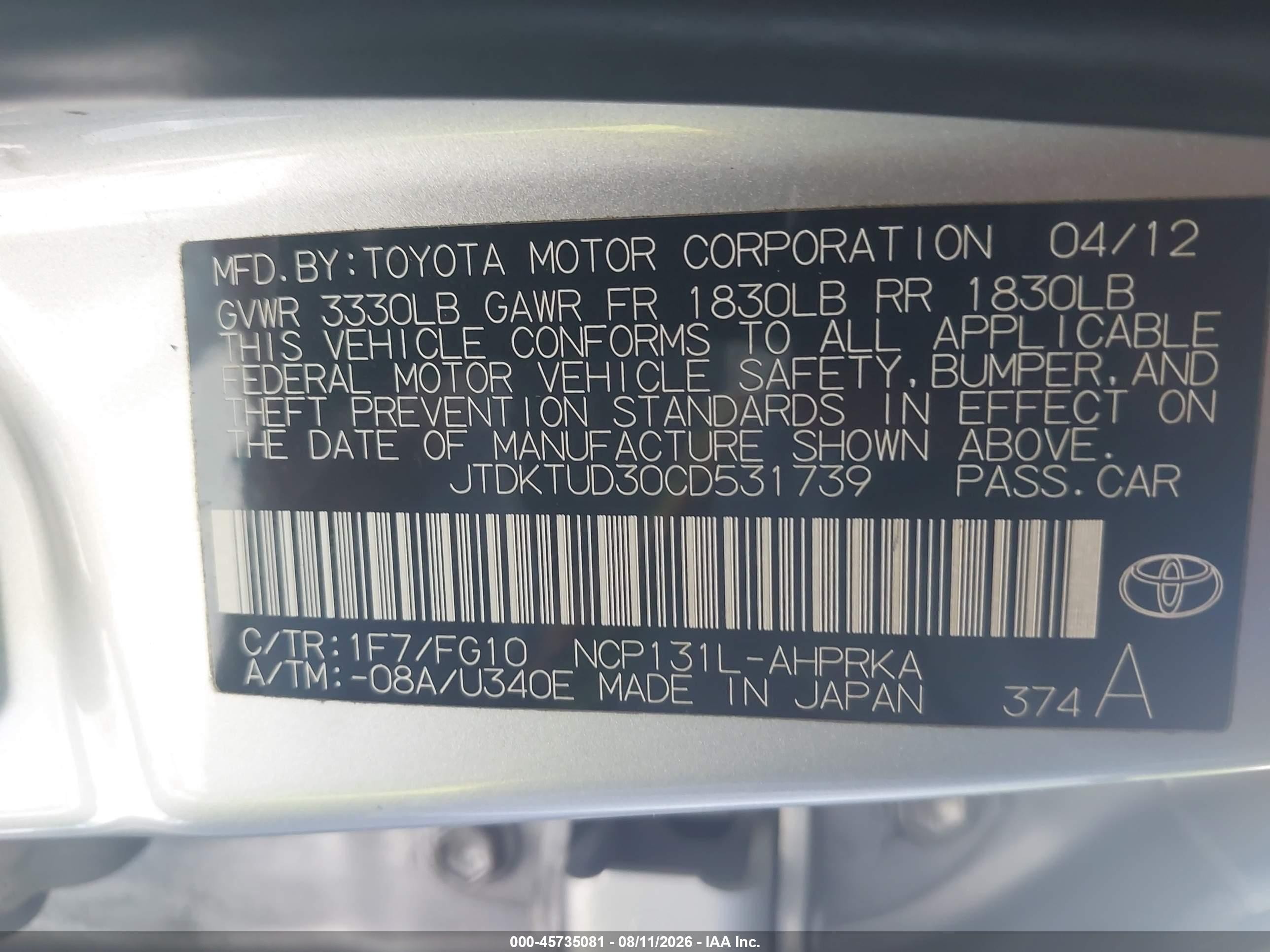 2012 Toyota Yaris Le Silver vin: JTDKTUD30CD531739