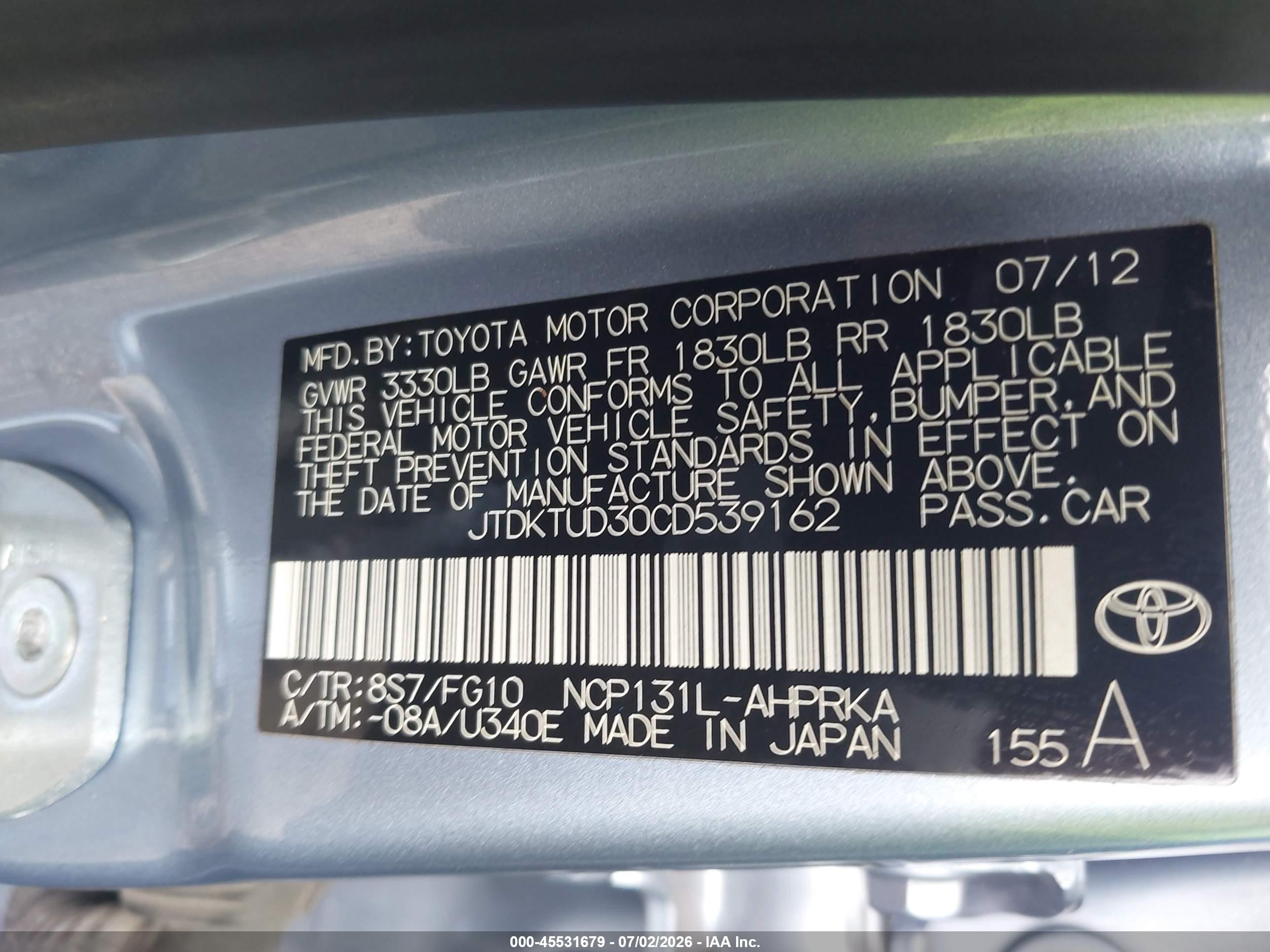 2012 Toyota Yaris Le Blue vin: JTDKTUD30CD539162