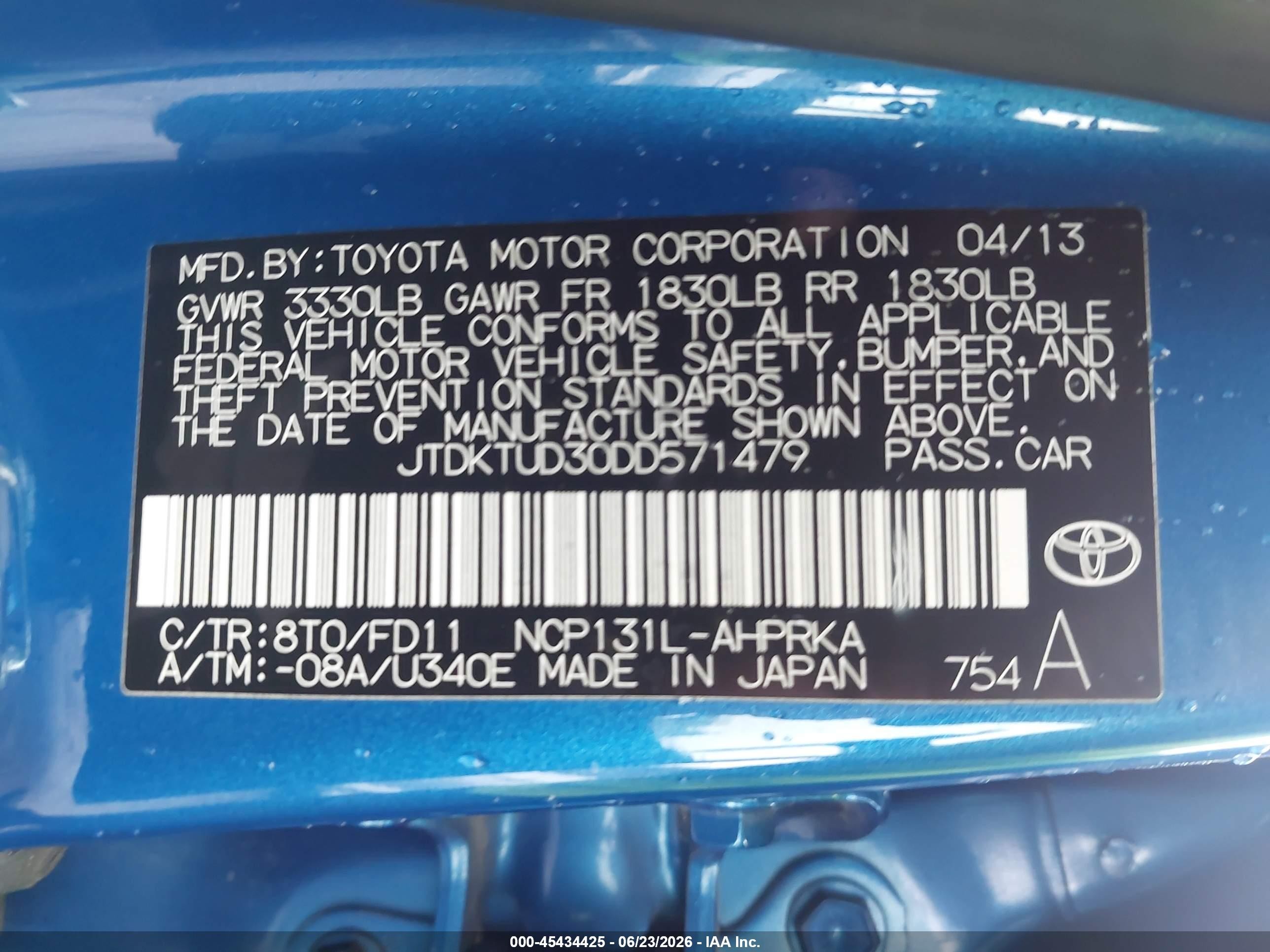 2013 Toyota Yaris   Blue vin: JTDKTUD30DD571479
