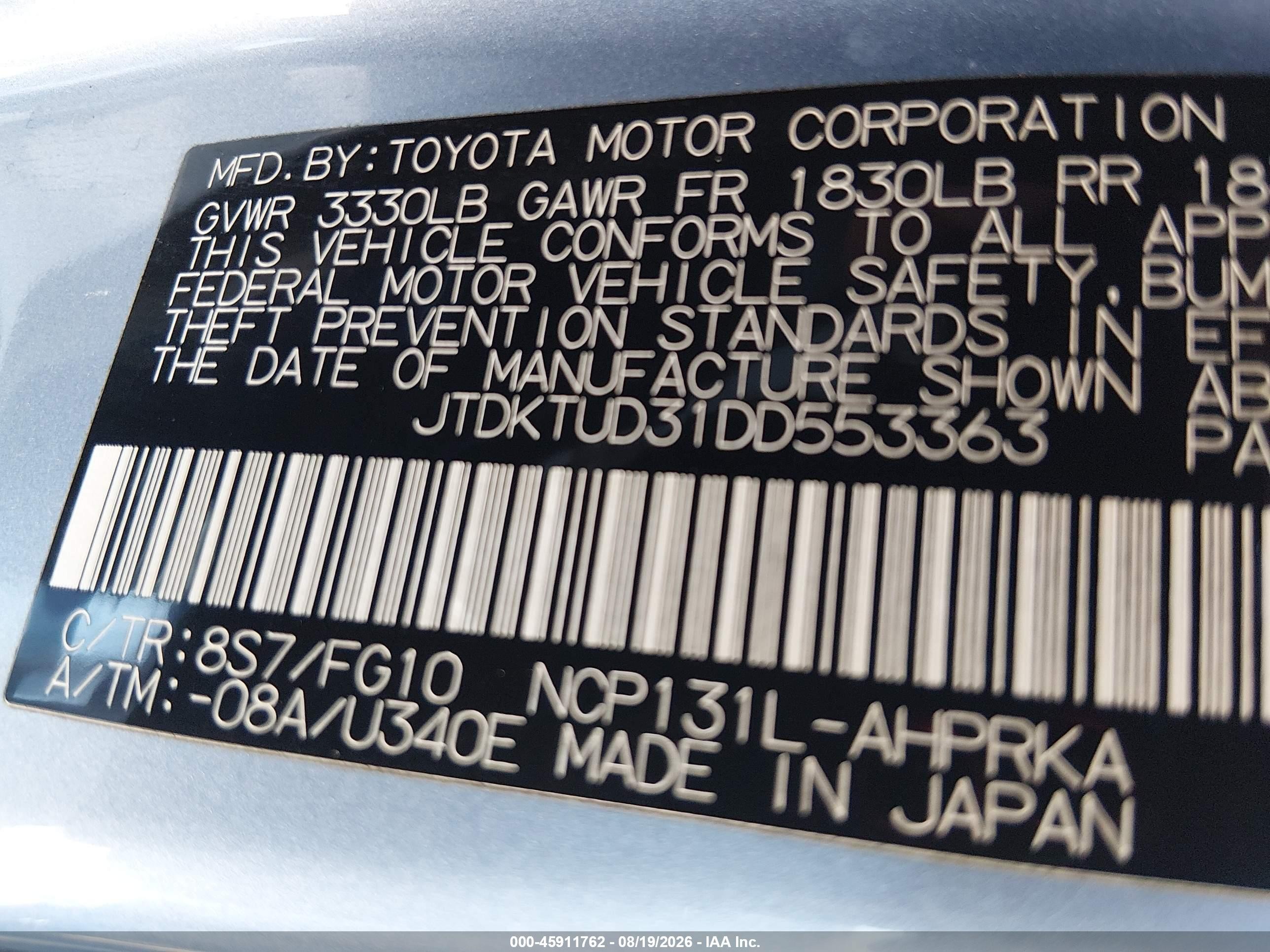 2013 Toyota Yaris Le Blue vin: JTDKTUD31DD553363
