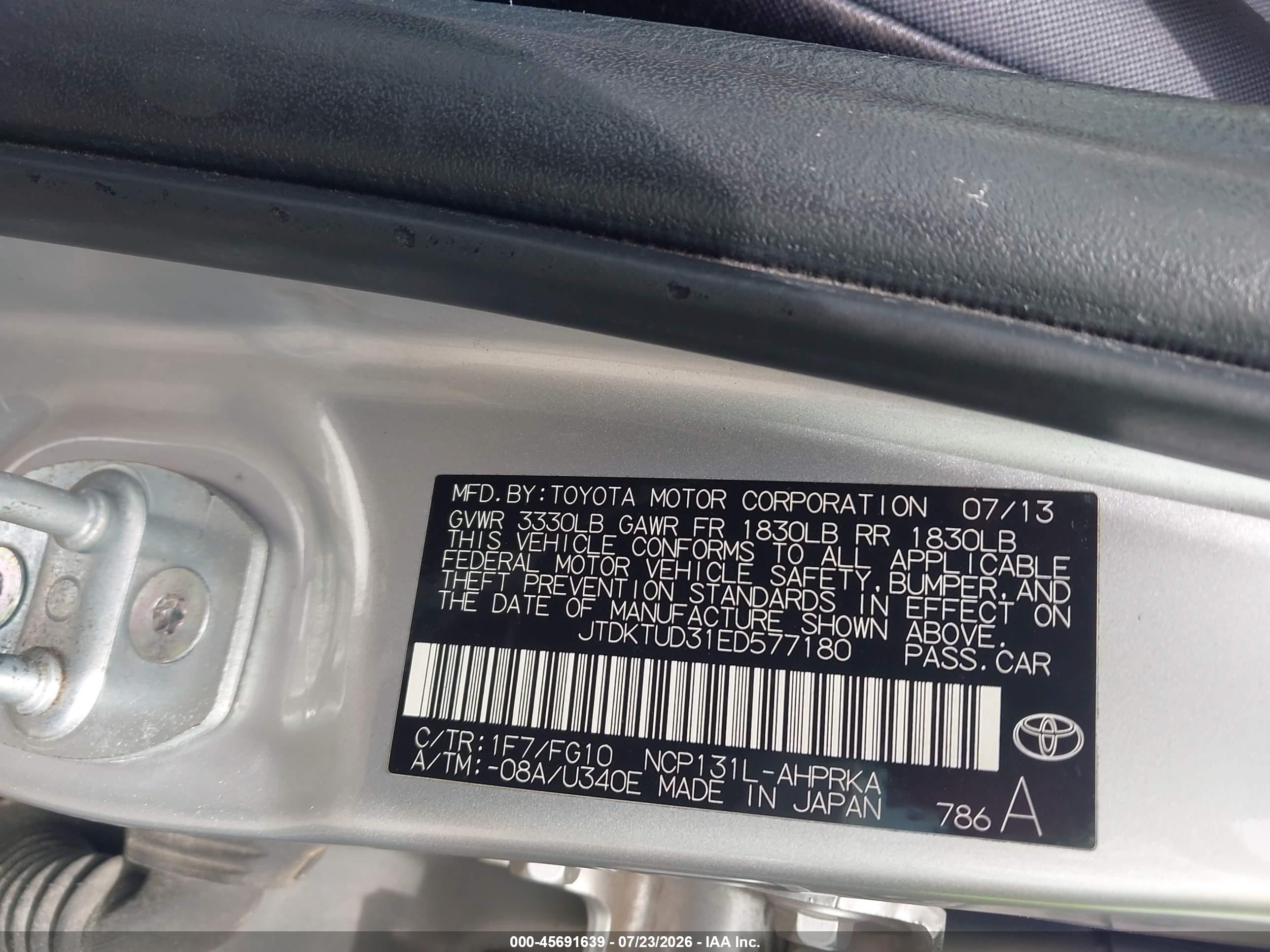 2014 Toyota Yaris Le (tmc/cbu Plant) Silver vin: JTDKTUD31ED577180