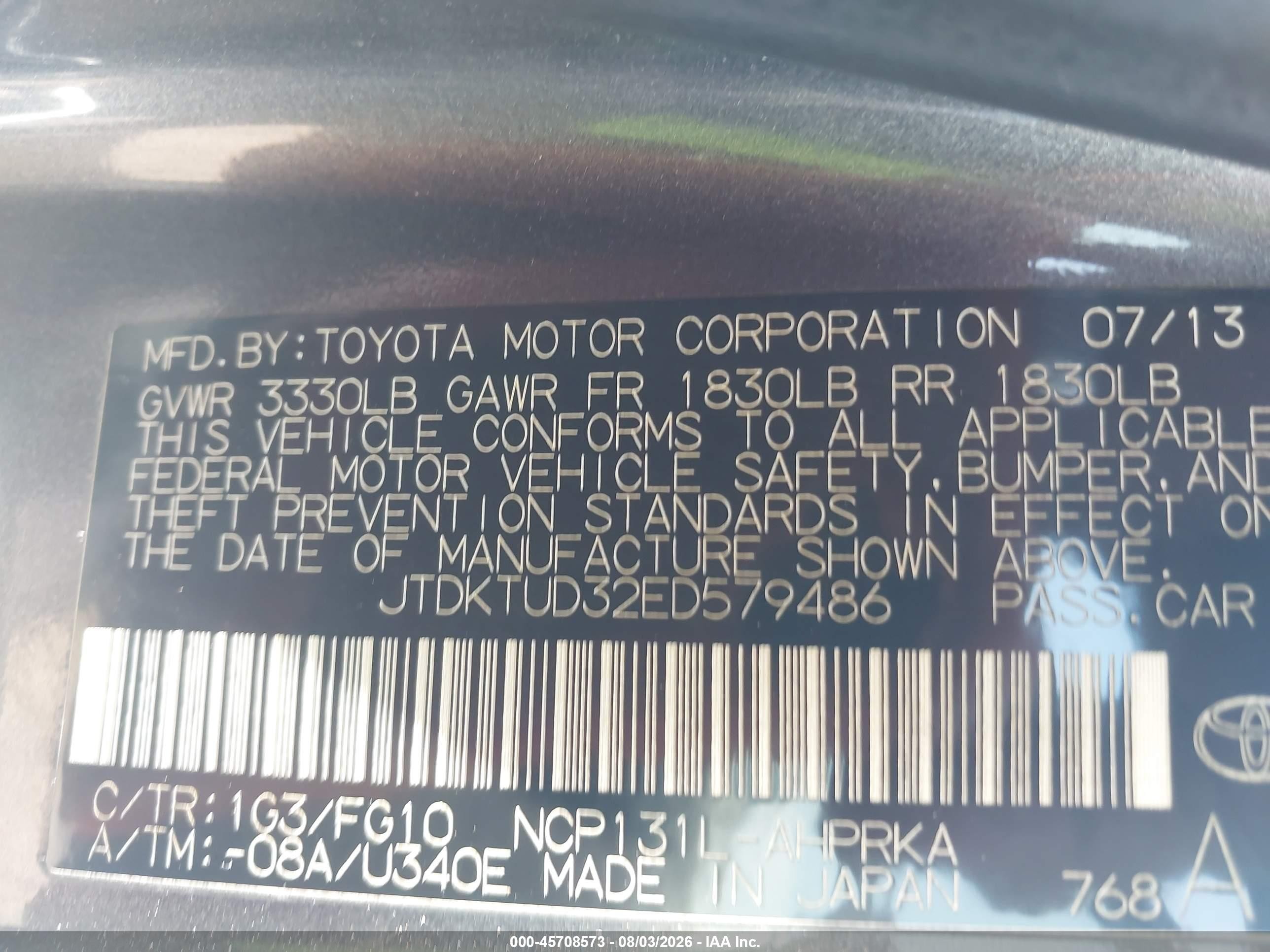 2014 Toyota Yaris Le (tmc/cbu Plant) Gray vin: JTDKTUD32ED579486