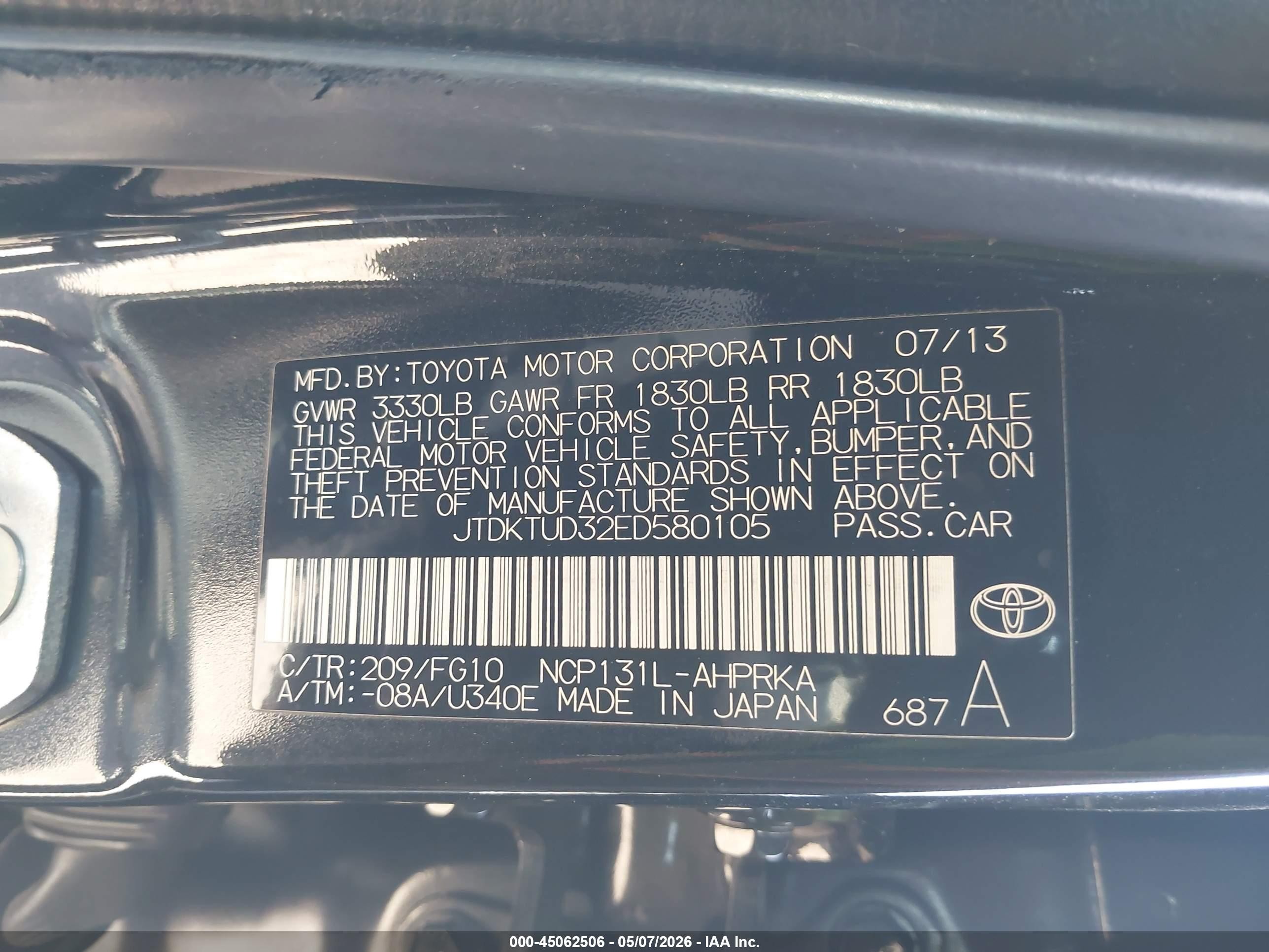2014 Toyota Yaris Le (tmc/cbu Plant) Black vin: JTDKTUD32ED580105