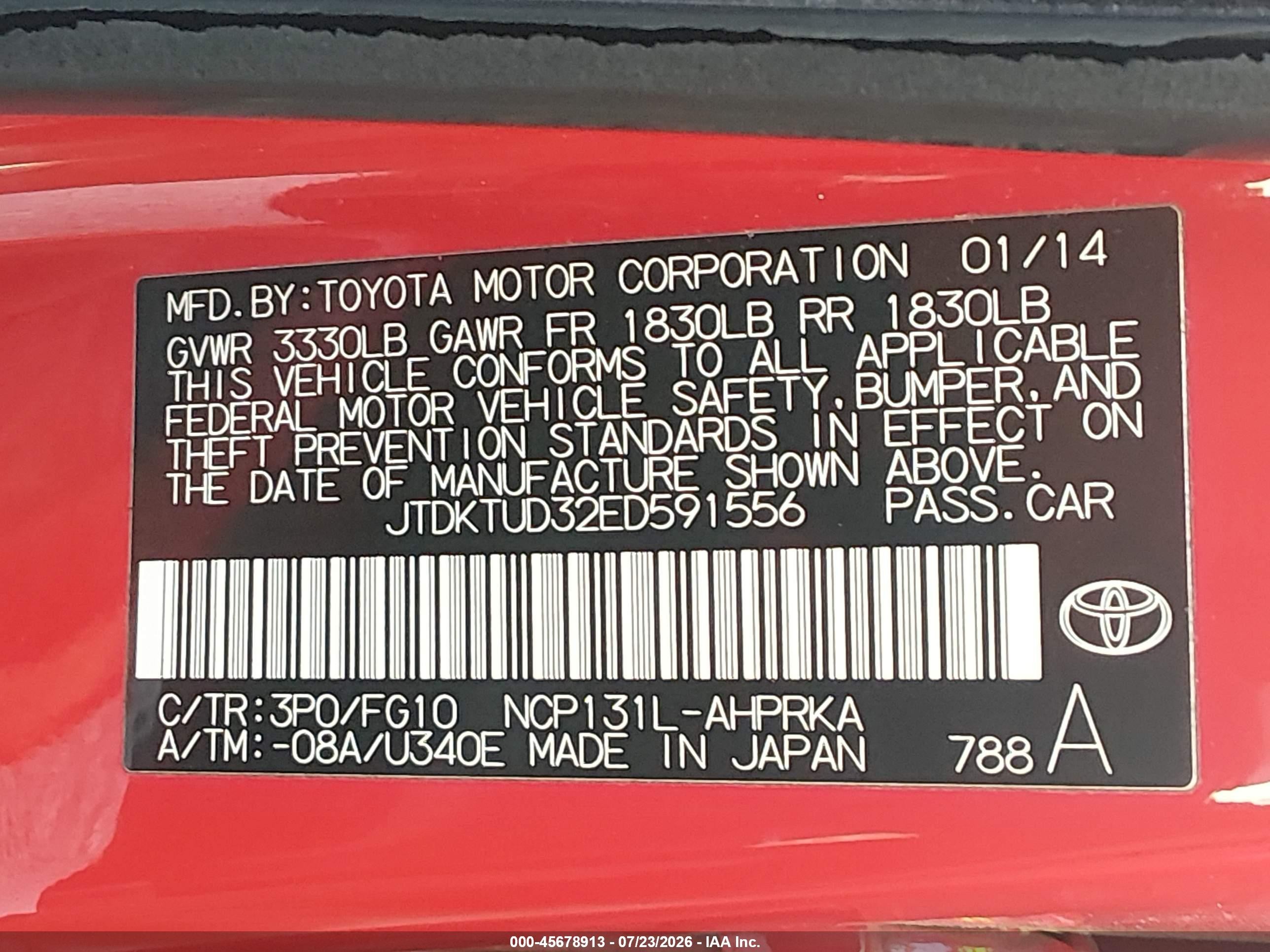 2014 Toyota Yaris Le (tmc/cbu Plant) Red vin: JTDKTUD32ED591556