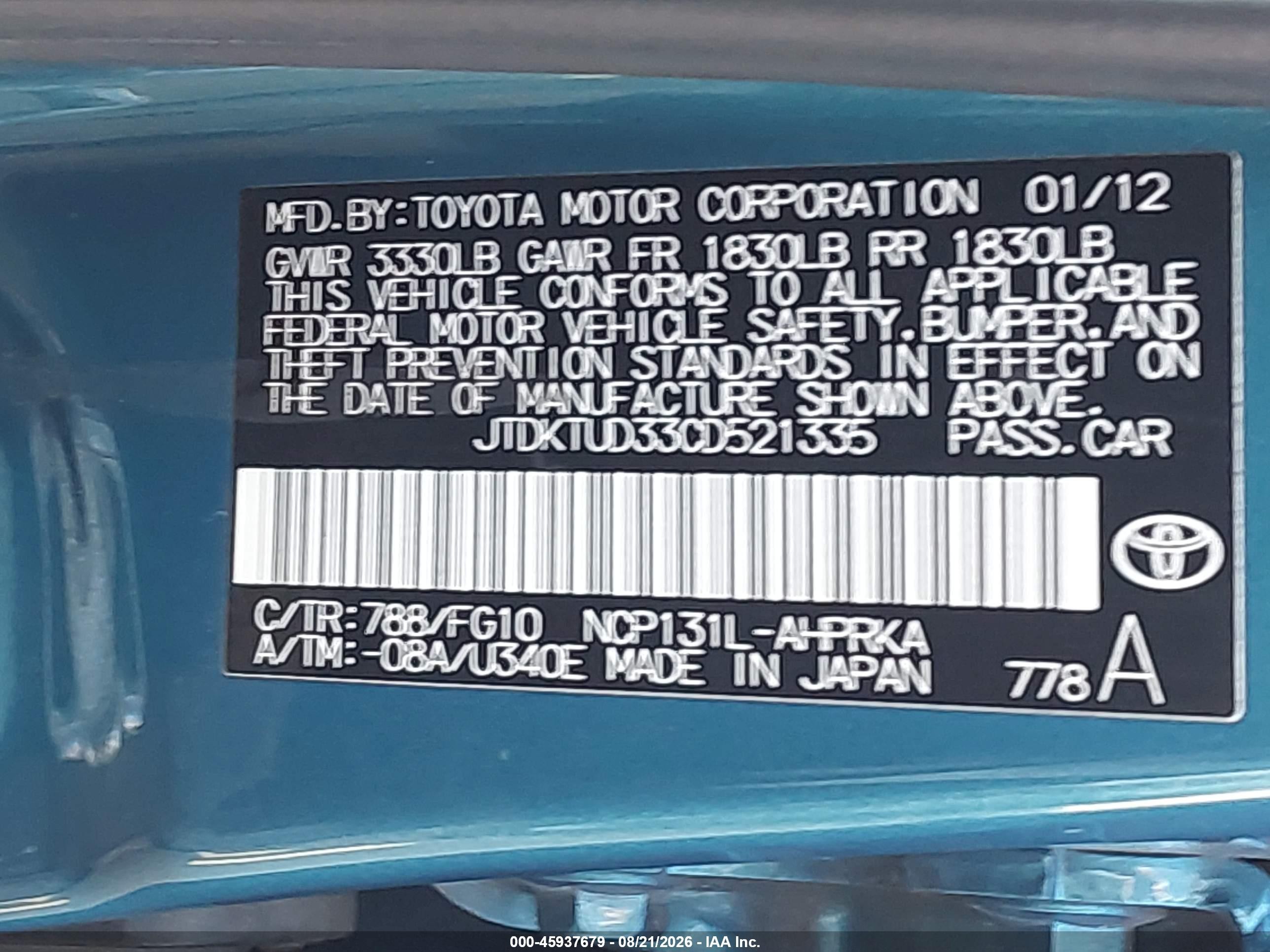 2012 Toyota Yaris Le Blue vin: JTDKTUD33CD521335