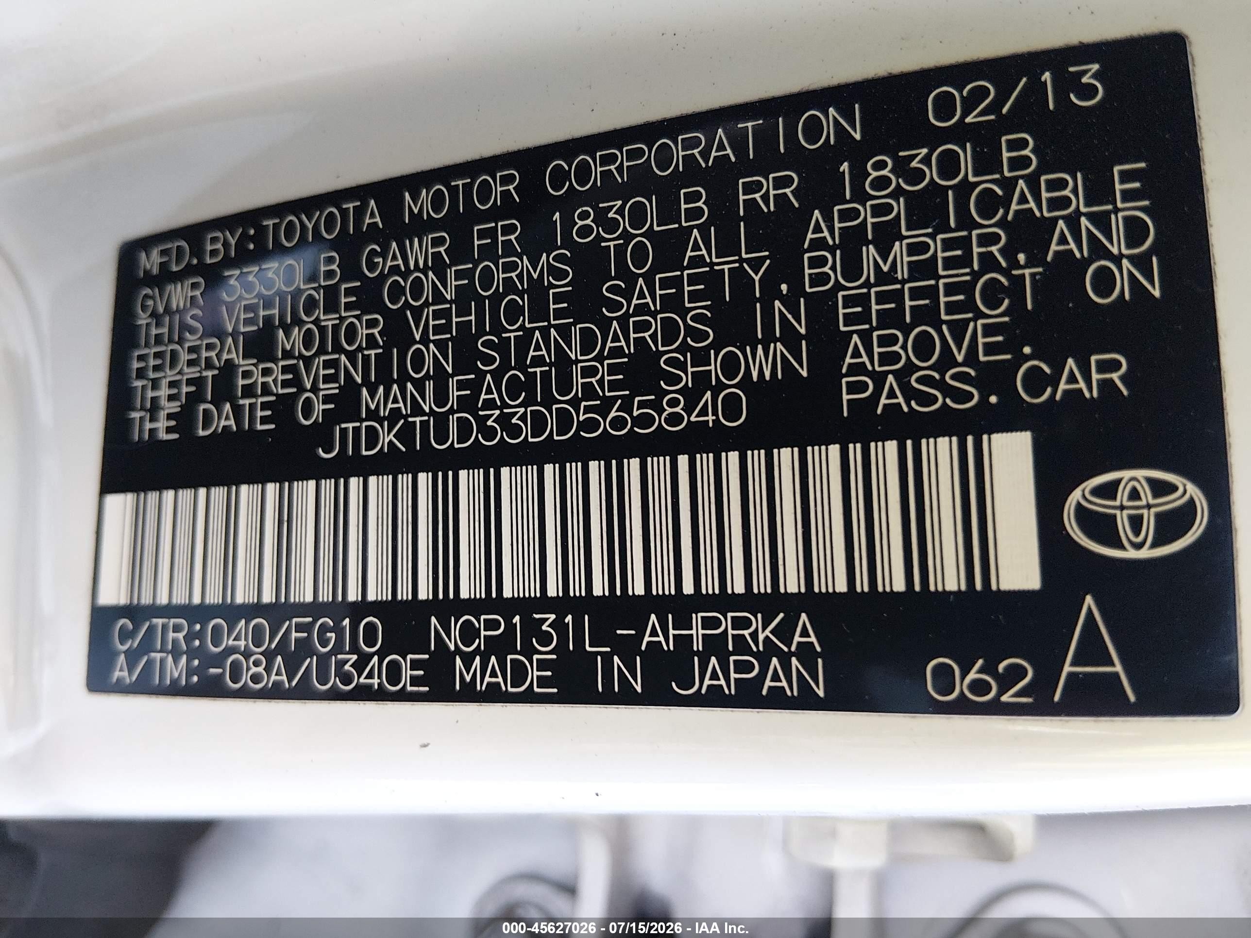 2013 Toyota Yaris Le White vin: JTDKTUD33DD565840