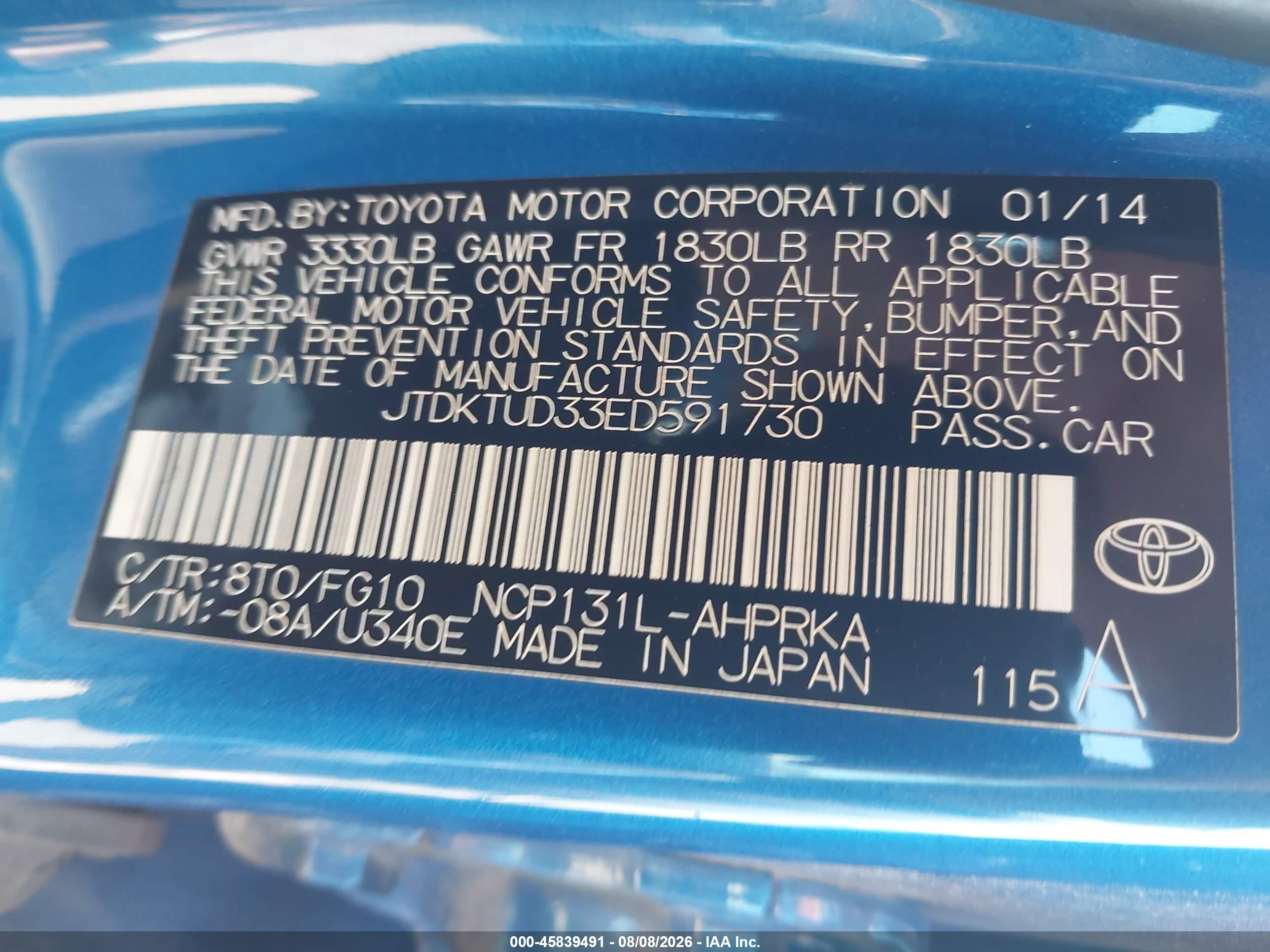 2014 Toyota Yaris Le (tmc/cbu Plant) Синий vin: JTDKTUD33ED591730
