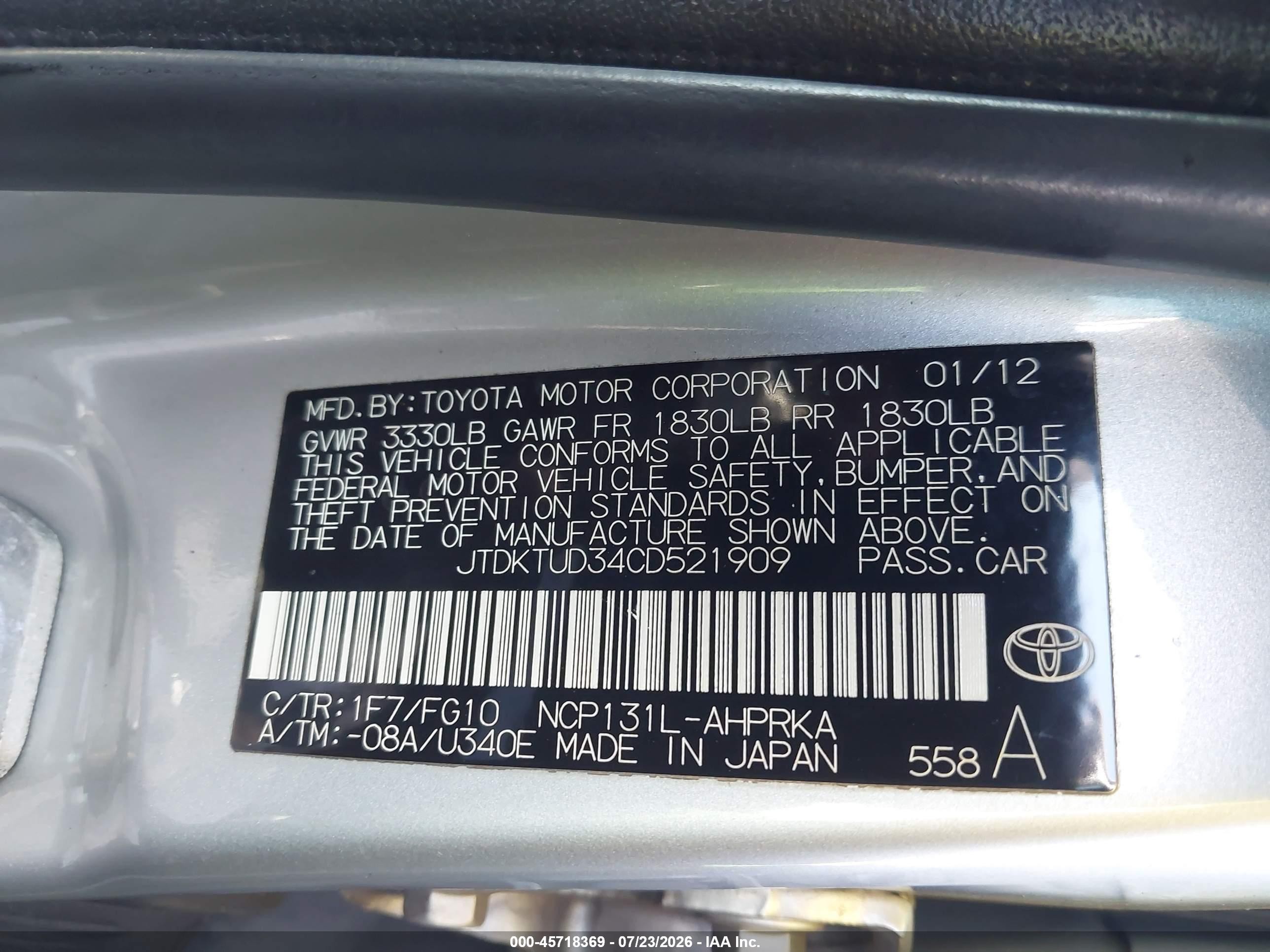 2012 Toyota Yaris Le Silver vin: JTDKTUD34CD521909