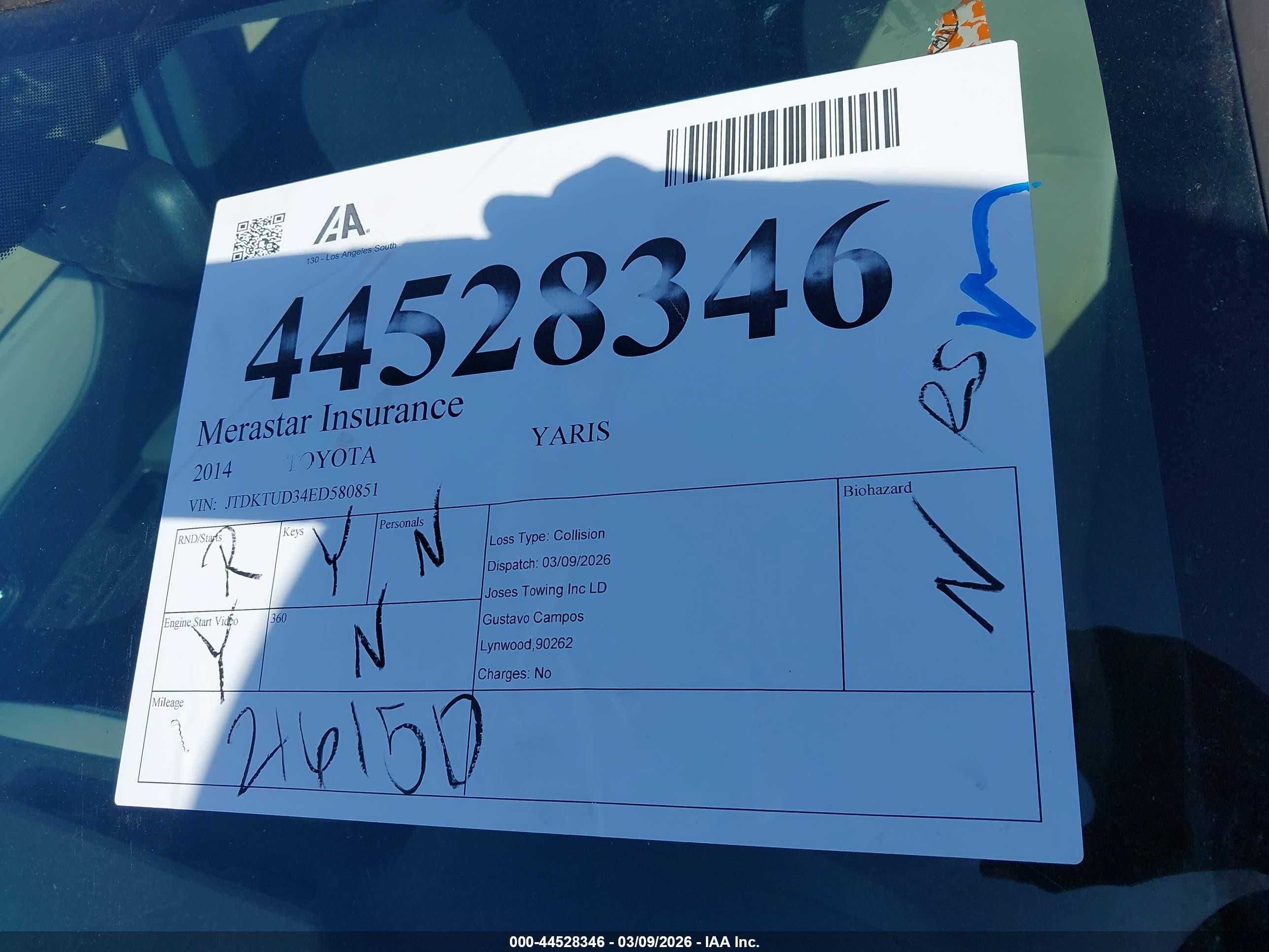 2014 Toyota Yaris Le (tmc/cbu Plant) Серебряный vin: JTDKTUD34ED580851