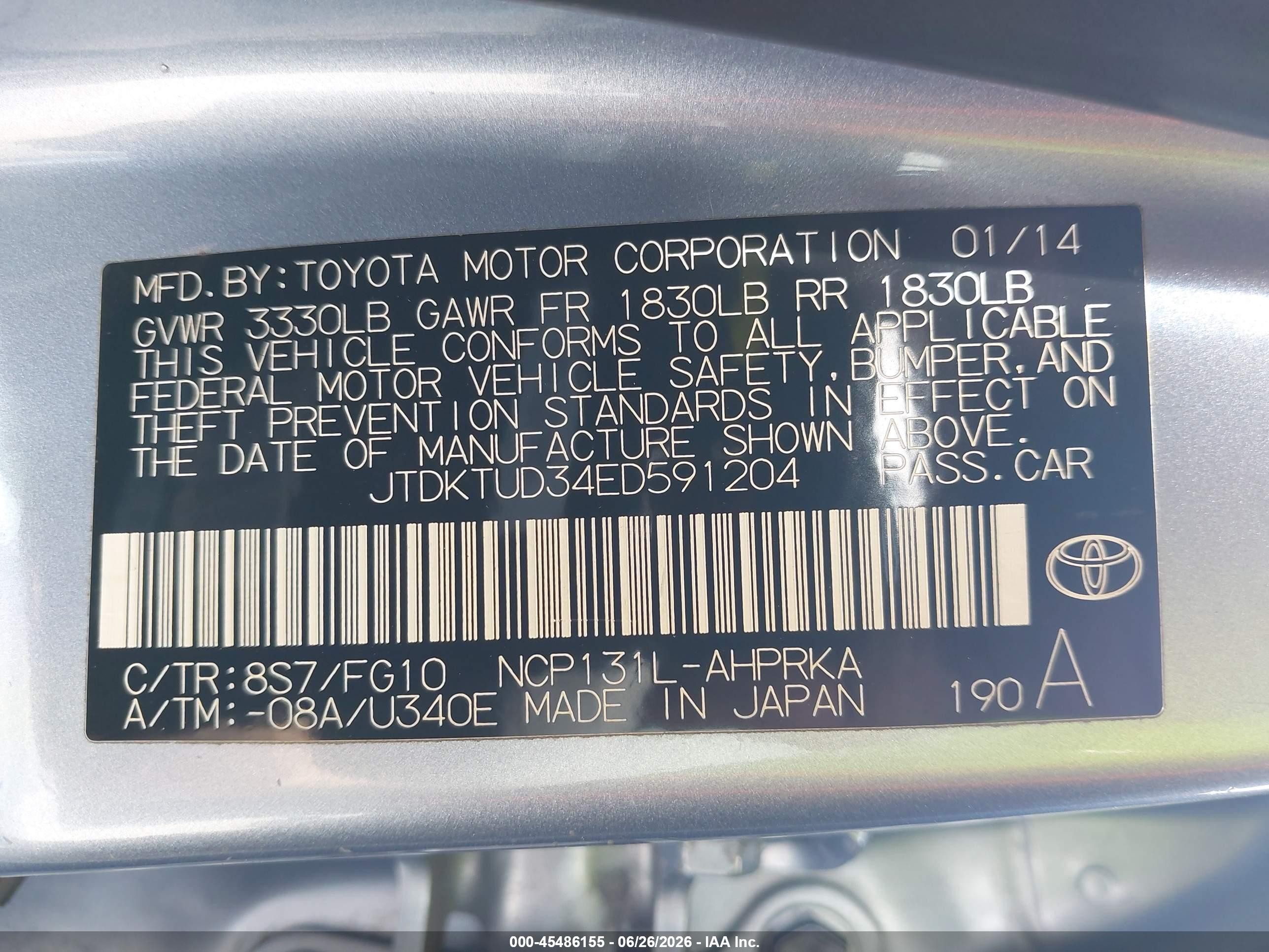 2014 Toyota Yaris L (tmc/cbu Plant) Light Blue vin: JTDKTUD34ED591204