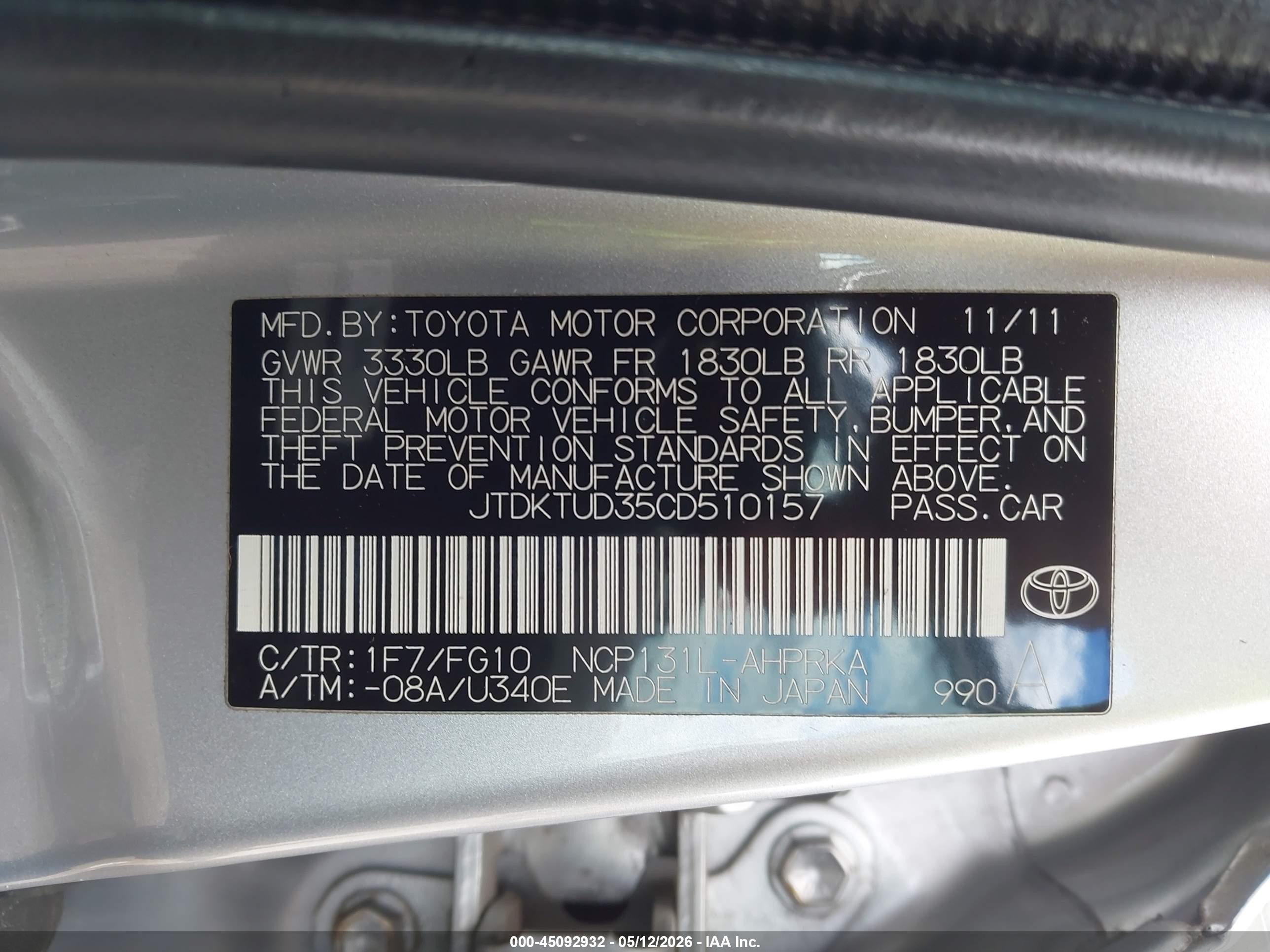 2012 Toyota Yaris Le Silver vin: JTDKTUD35CD510157