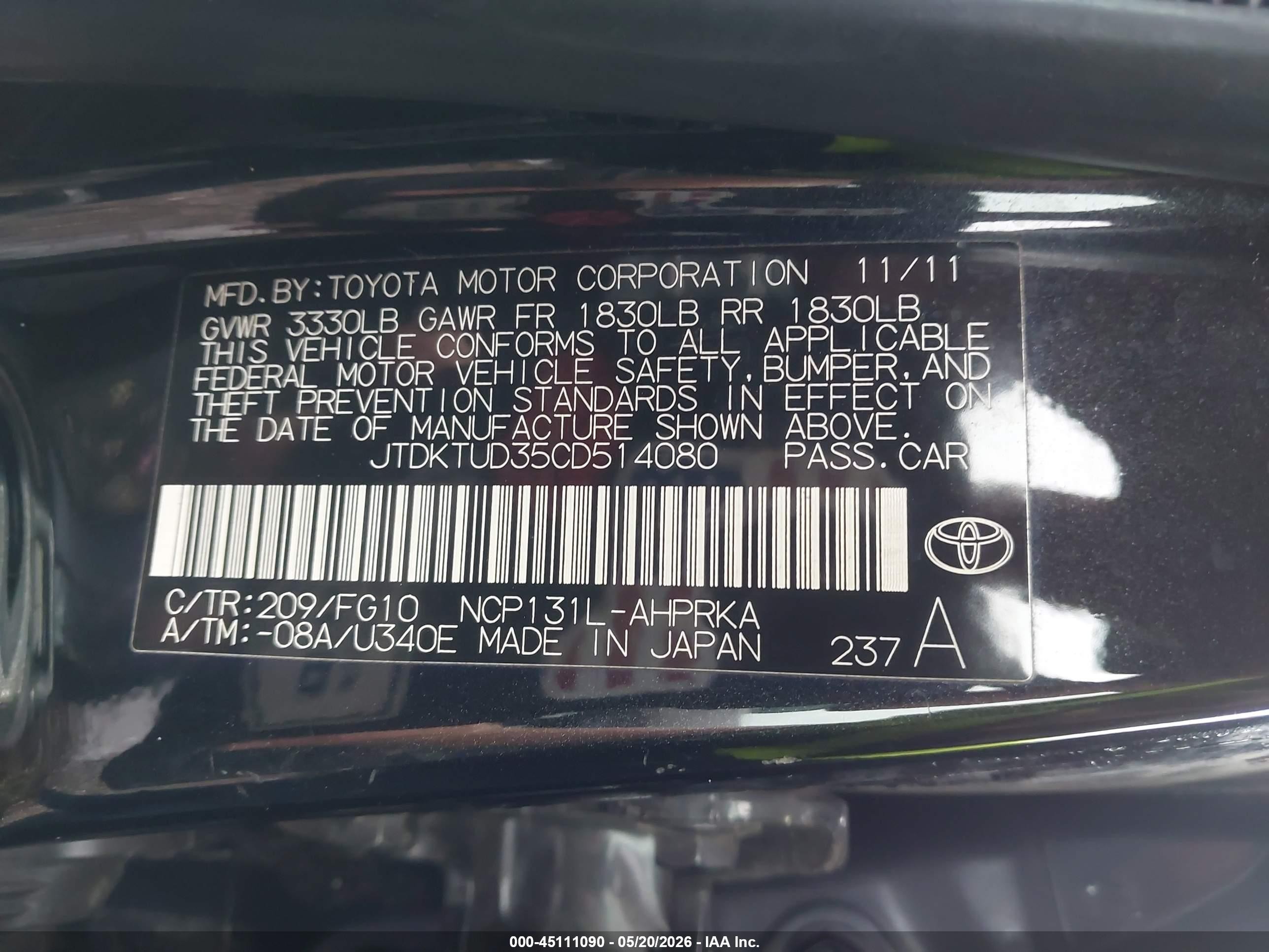 2012 Toyota Yaris Le Black vin: JTDKTUD35CD514080